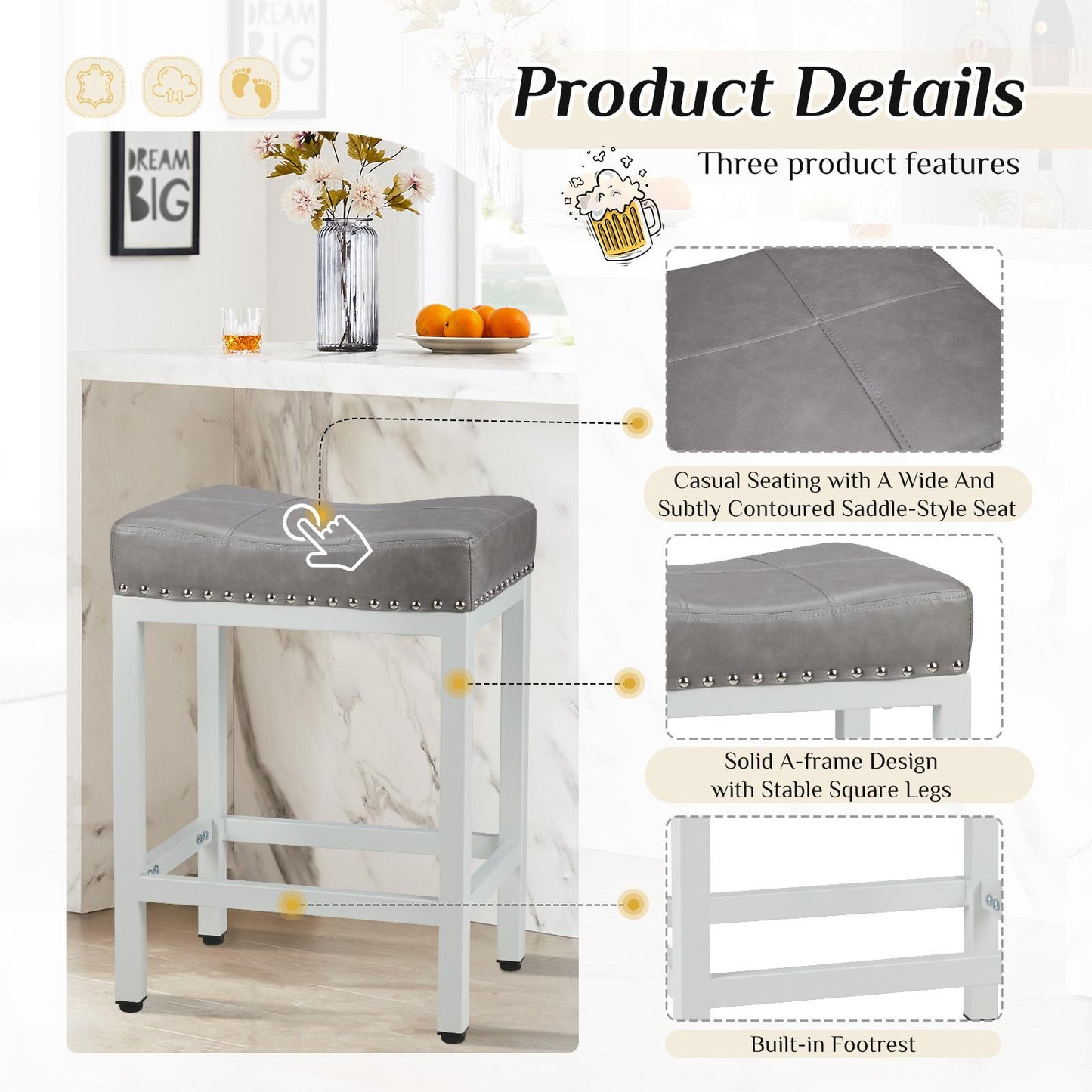 Set of 2 Grey Saddle Bar Stool Kitchen Stools