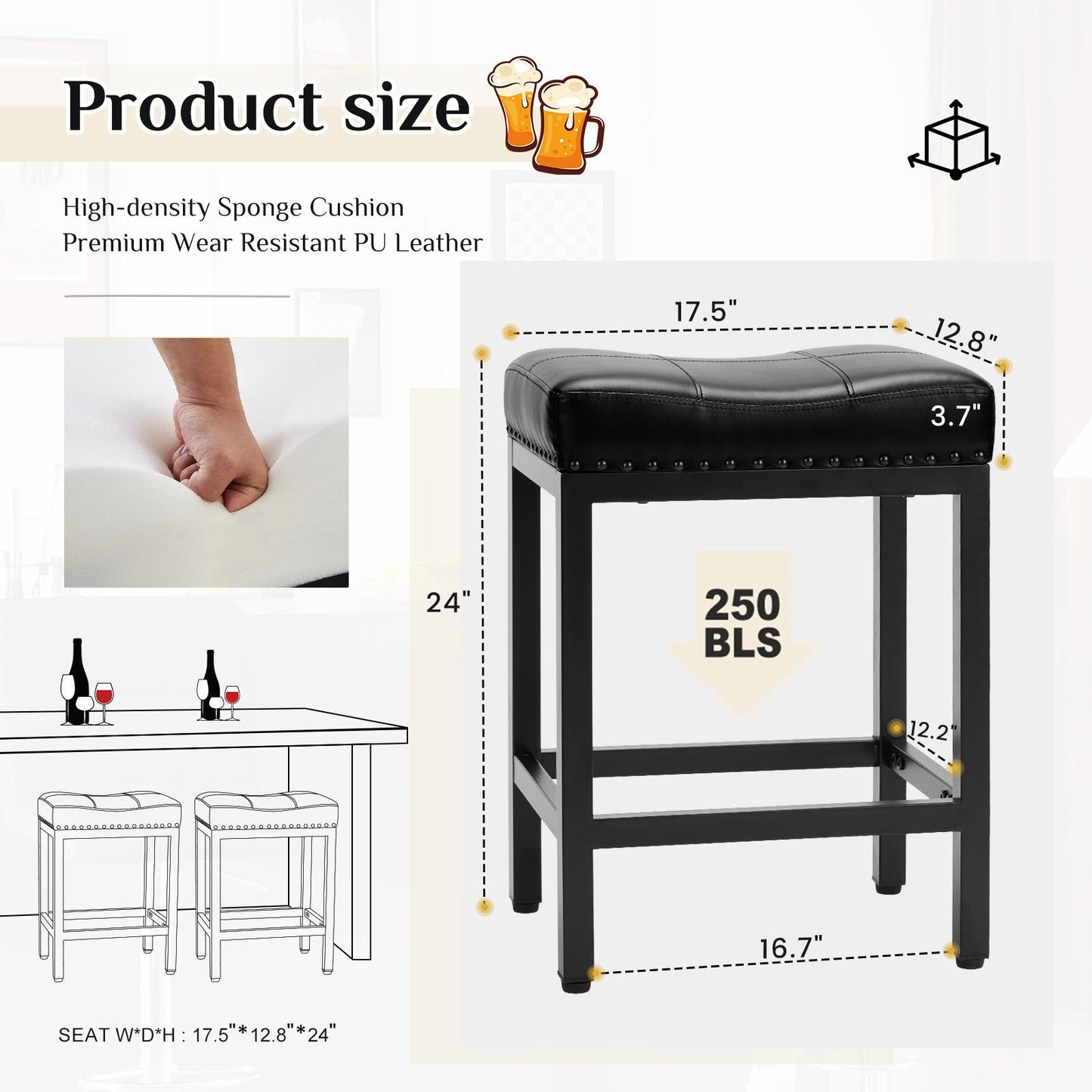 Set of 2 Black Saddle Bar Stool Kitchen Stools