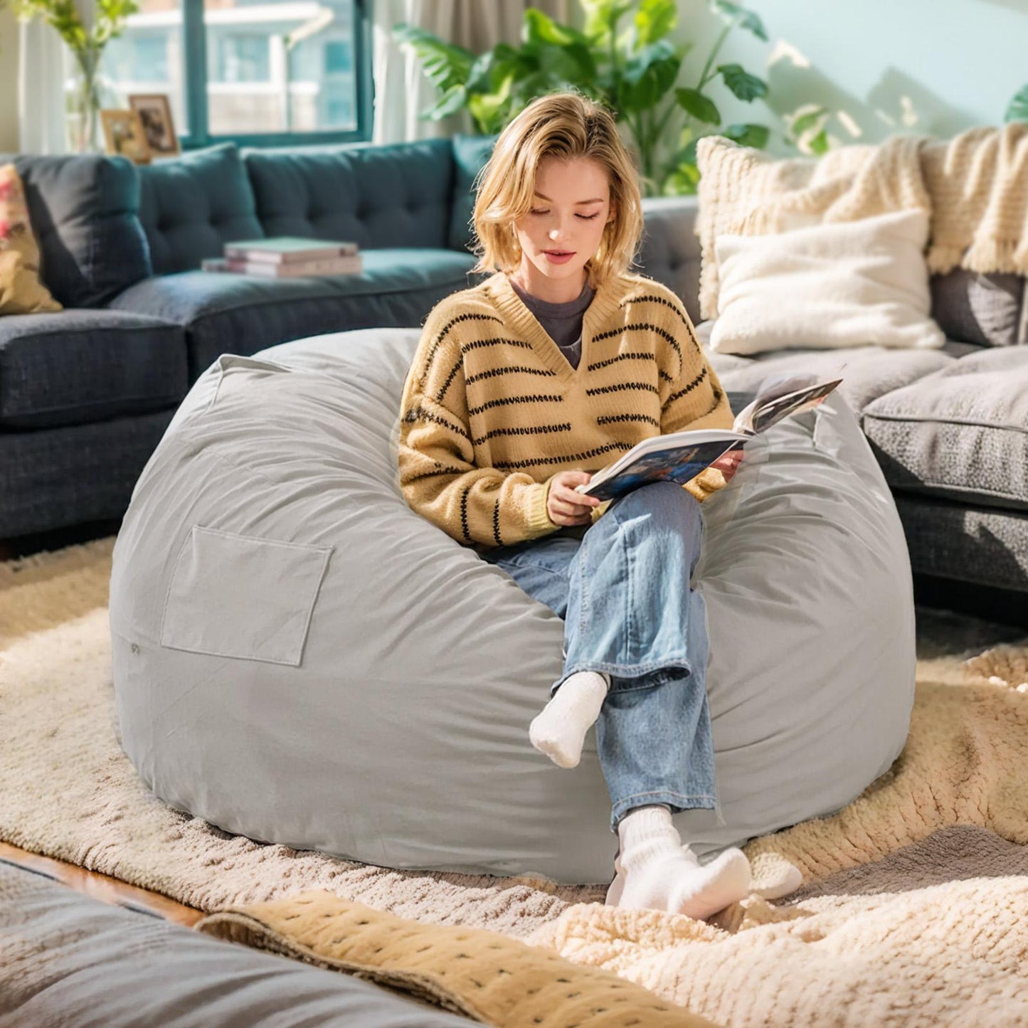 Grey Large Foam Filled Bean Bag Chair w/ Removable Cover
