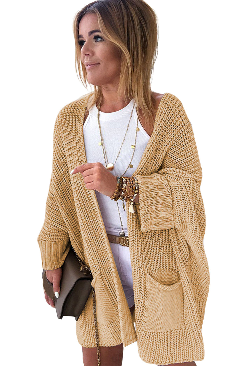 Gray Batwing Sleeve Pocket Oversized Cable Knit Cardigan - Cowaa