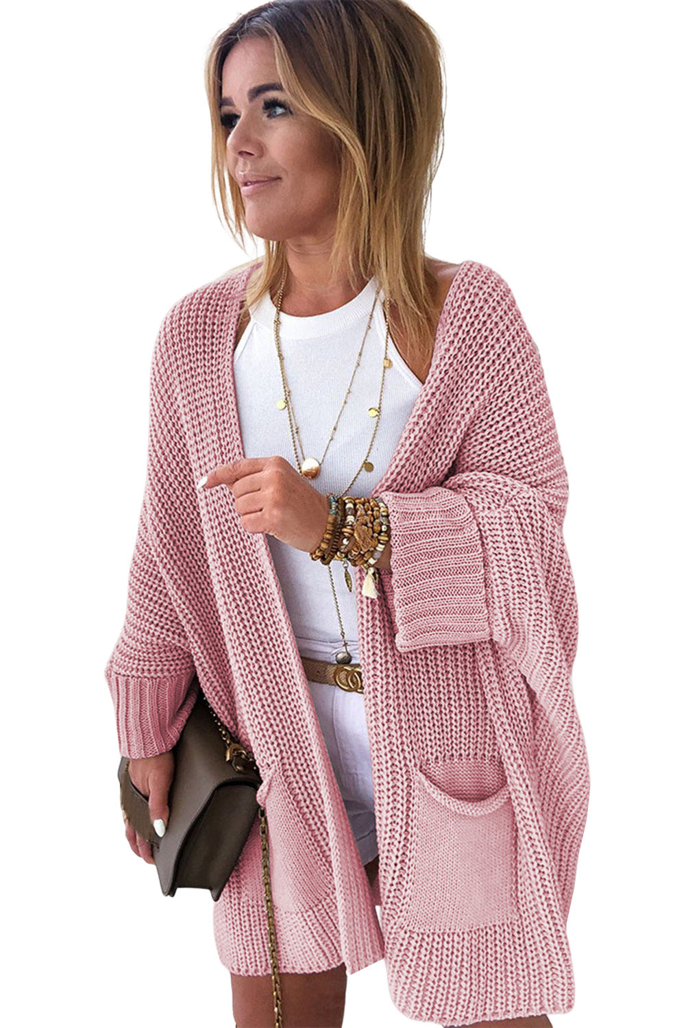 Gray Batwing Sleeve Pocket Oversized Cable Knit Cardigan - Cowaa