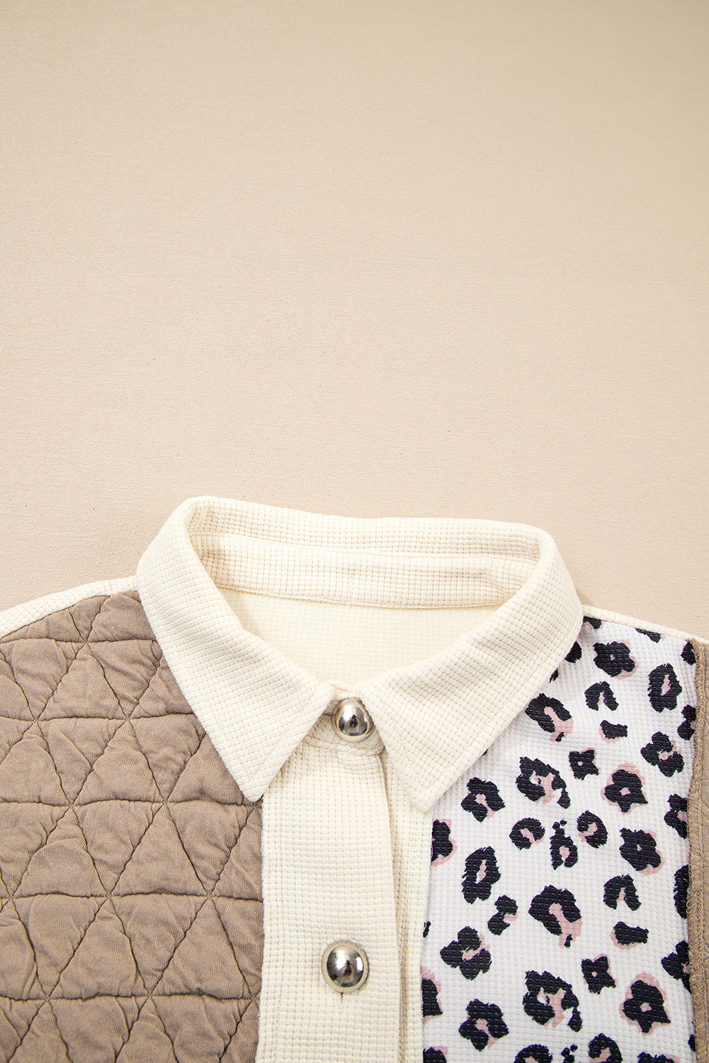 Khaki Leopard Waffle Quilted Patchwork Button Front Jacket