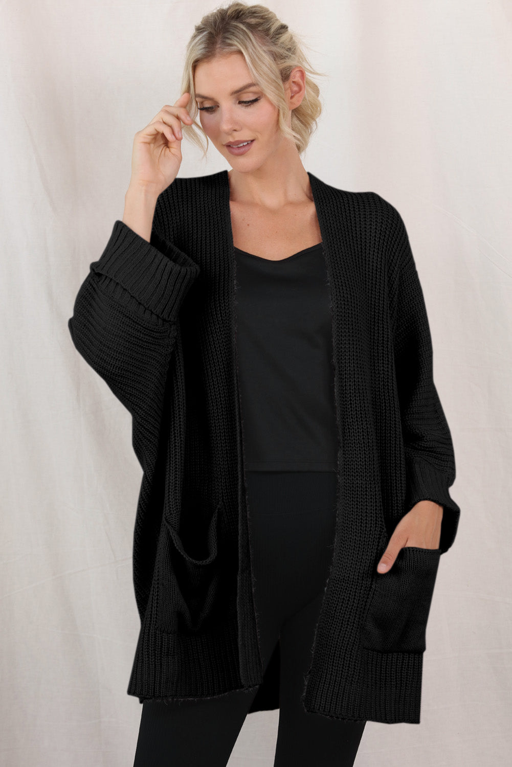 Gray Batwing Sleeve Pocket Oversized Cable Knit Cardigan - Cowaa
