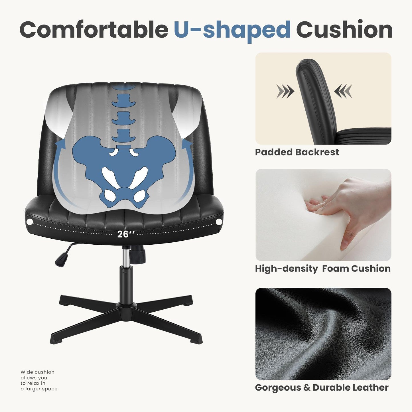 Black Leather Wide Armless Swivel Home Office Chair