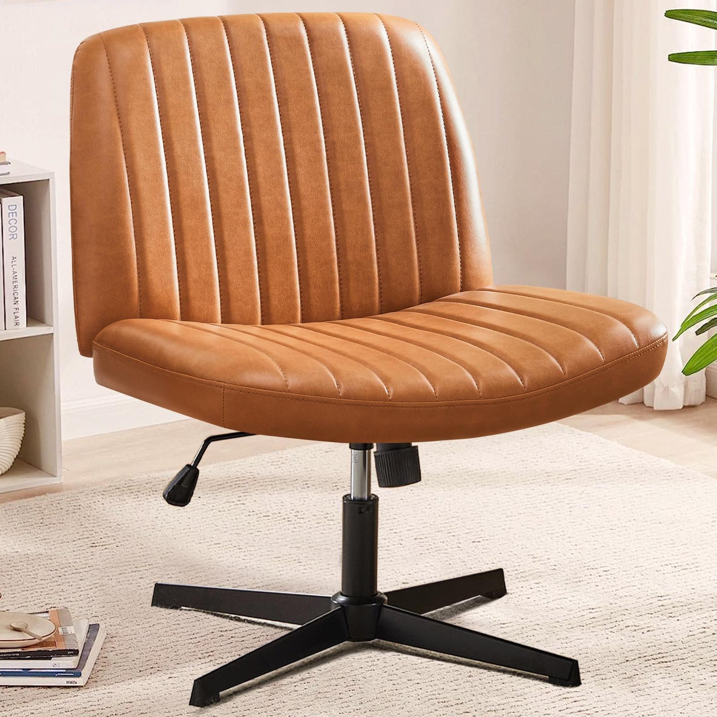 Brown Leather Wide Armless Swivel Home Office Chair