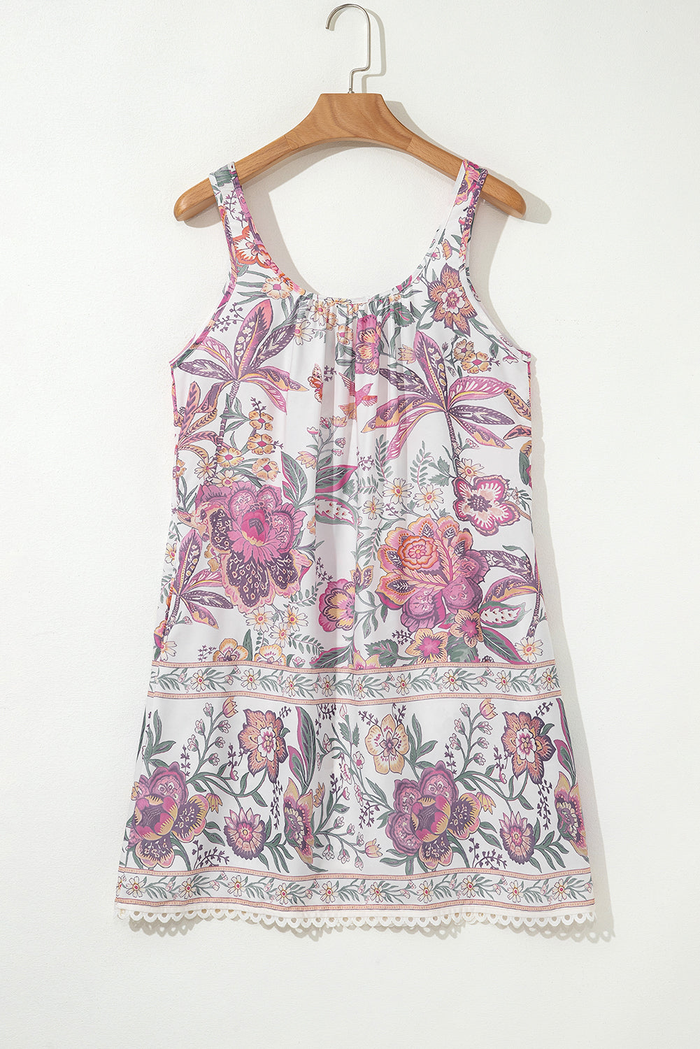 Multicolor Floral Print Fringed Tie U Neck Sleeveless Mini Dress