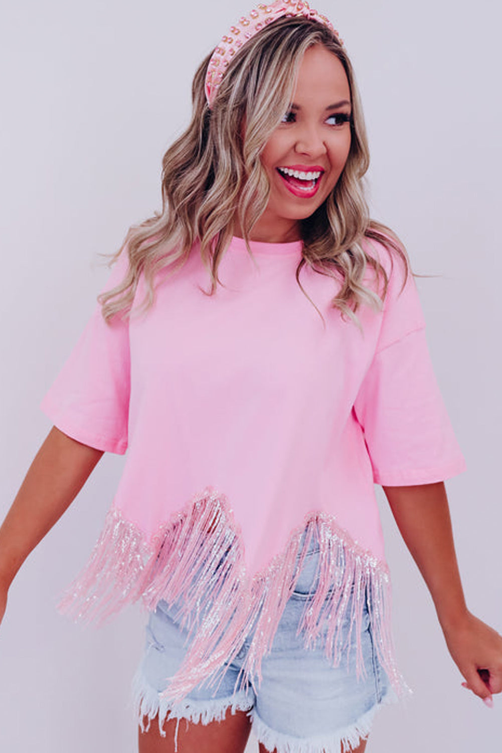 Pink Fringe Sequin Hem Cropped T-shirt - Cowaa