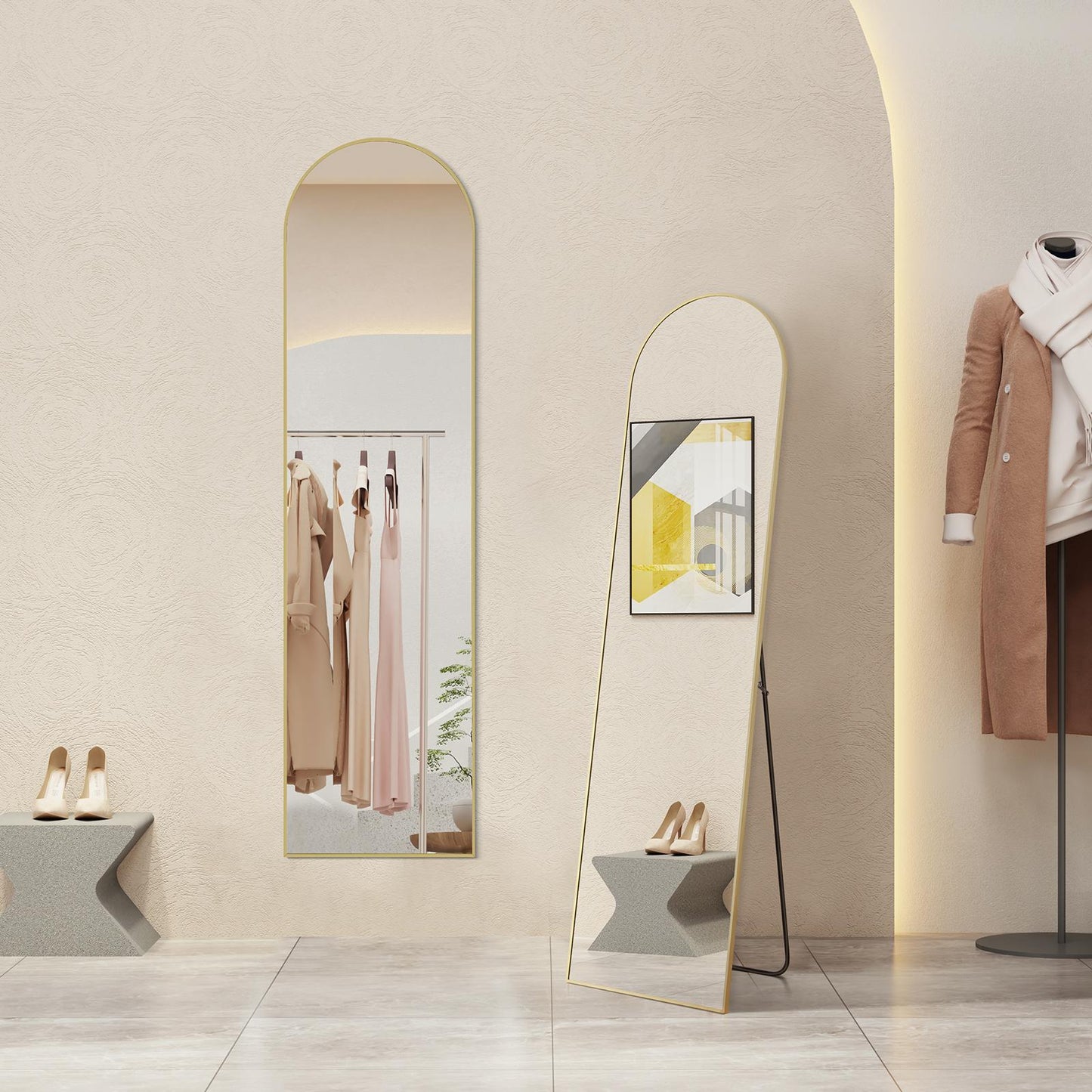 Gold Arched Full Length Floor Mirror 16"x59"