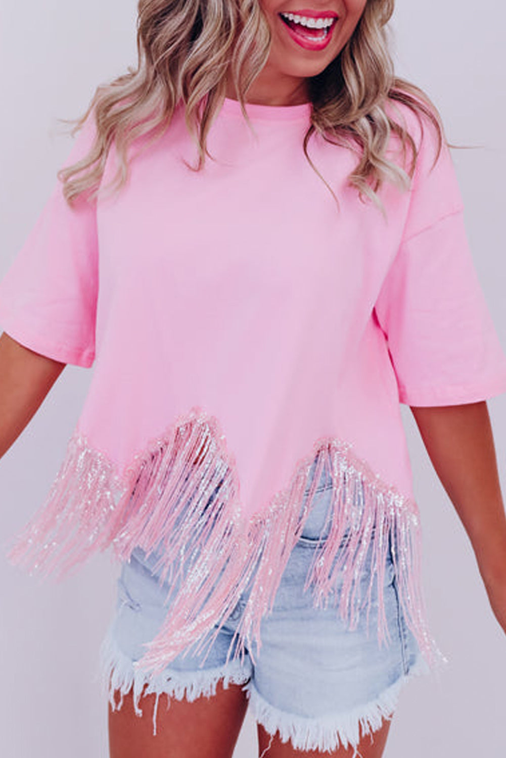 Pink Fringe Sequin Hem Cropped T-shirt - Cowaa