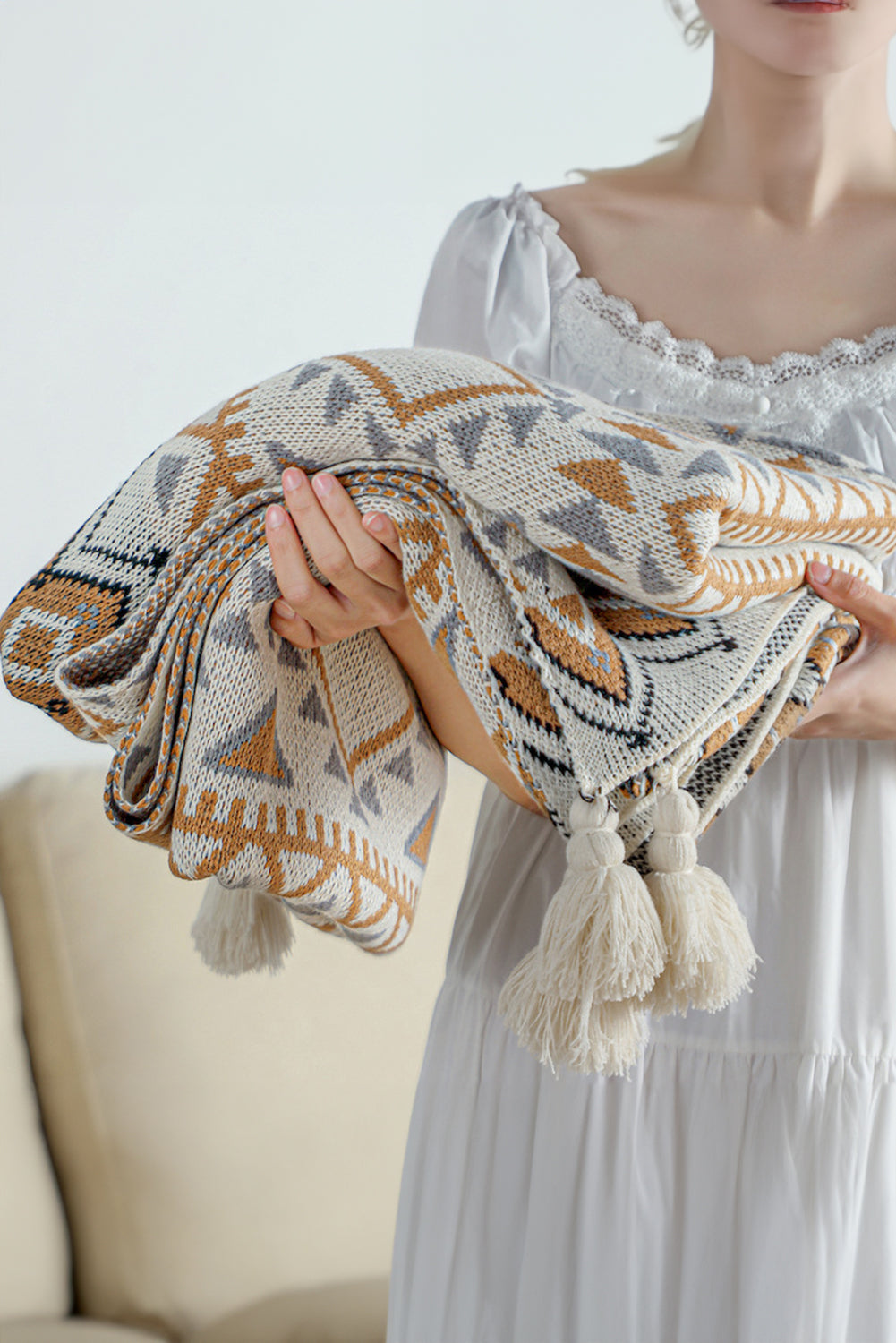 Parchment Boho Tassel Winter Throw Blanket