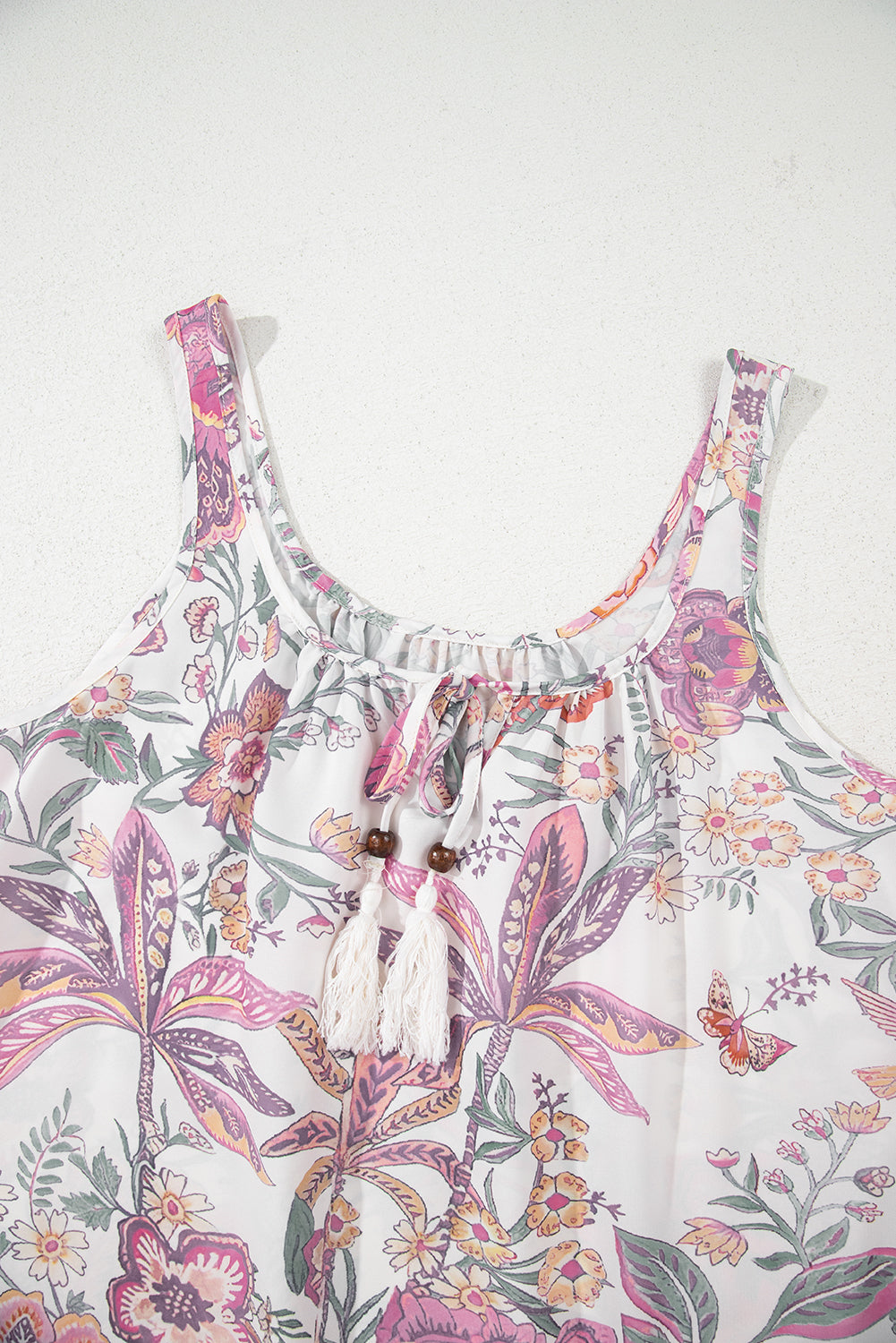 Multicolor Floral Print Fringed Tie U Neck Sleeveless Mini Dress