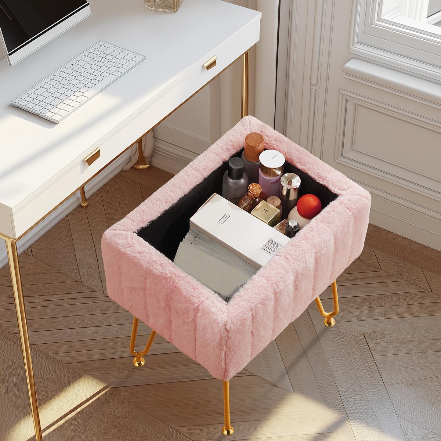 Pink Faux Fur Vanity Stool Chair w/ Storage
