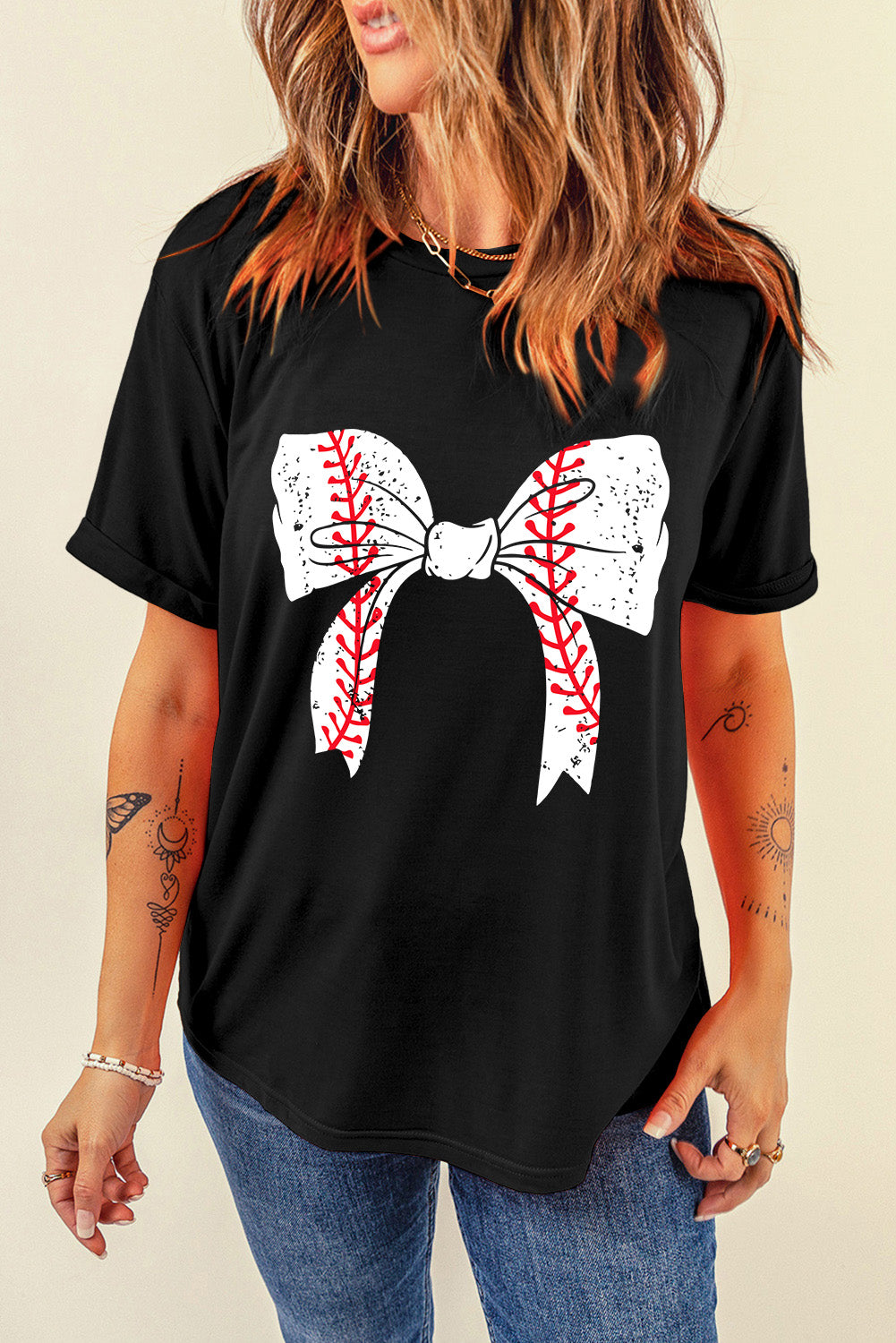 Gray Casual Baseball Bowknot Graphic Roll Up Sleeve Tee - Cowaa