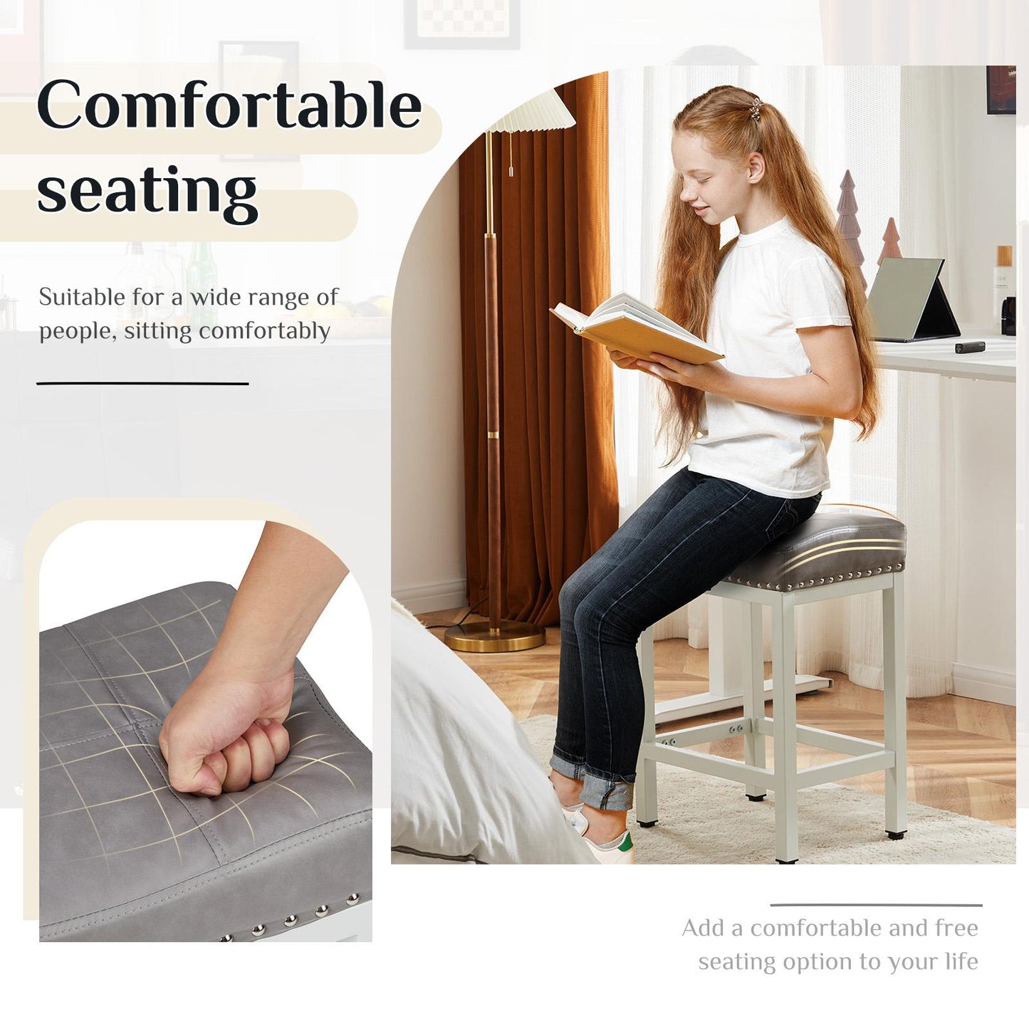 Set of 2 Grey Saddle Bar Stool Kitchen Stools