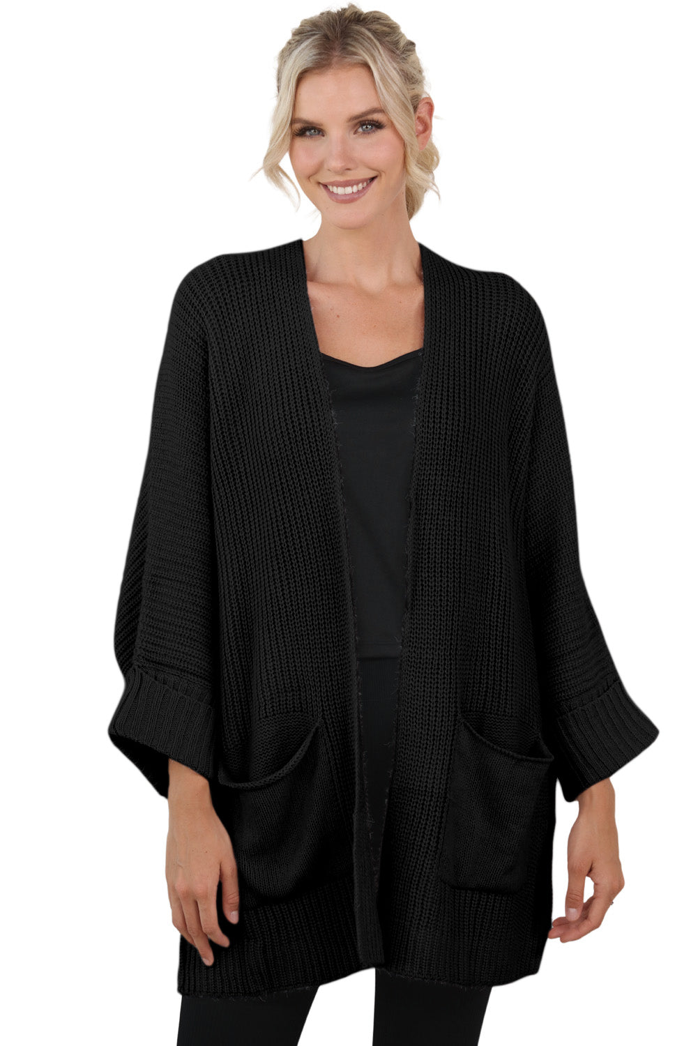 Gray Batwing Sleeve Pocket Oversized Cable Knit Cardigan - Cowaa