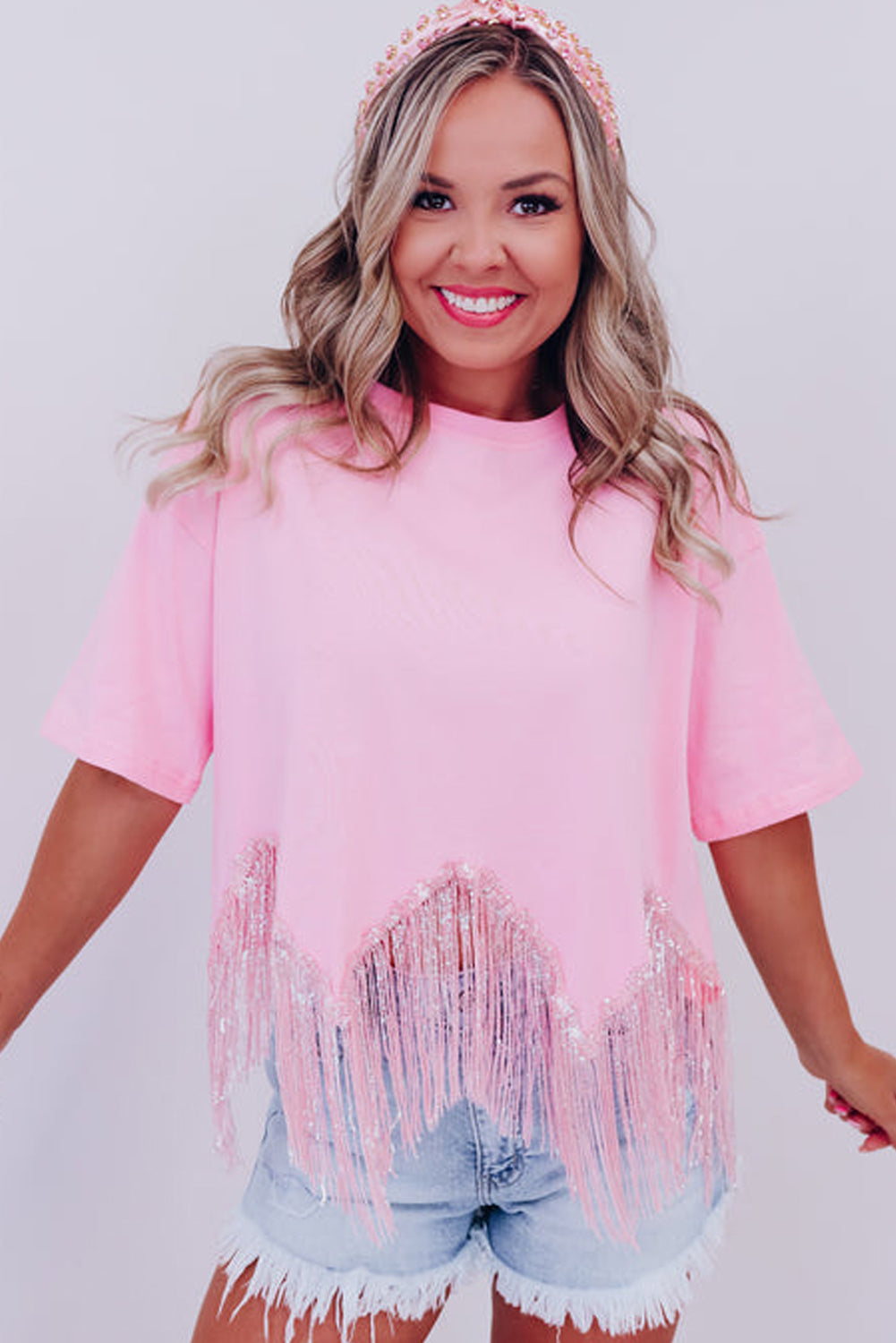 Pink Fringe Sequin Hem Cropped T-shirt - Cowaa