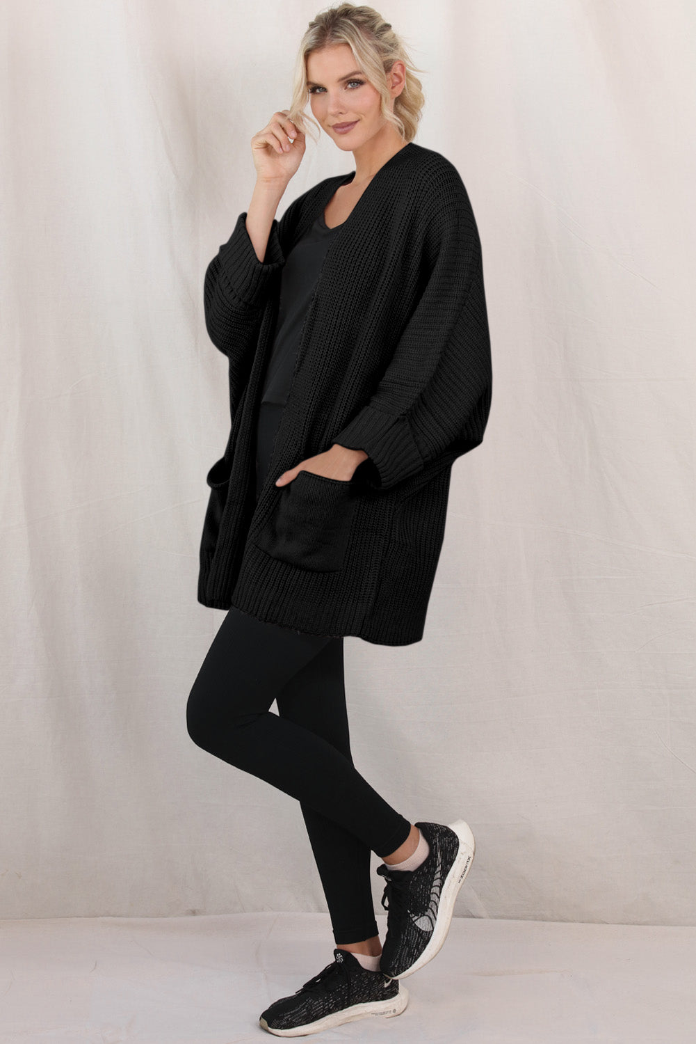 Gray Batwing Sleeve Pocket Oversized Cable Knit Cardigan - Cowaa