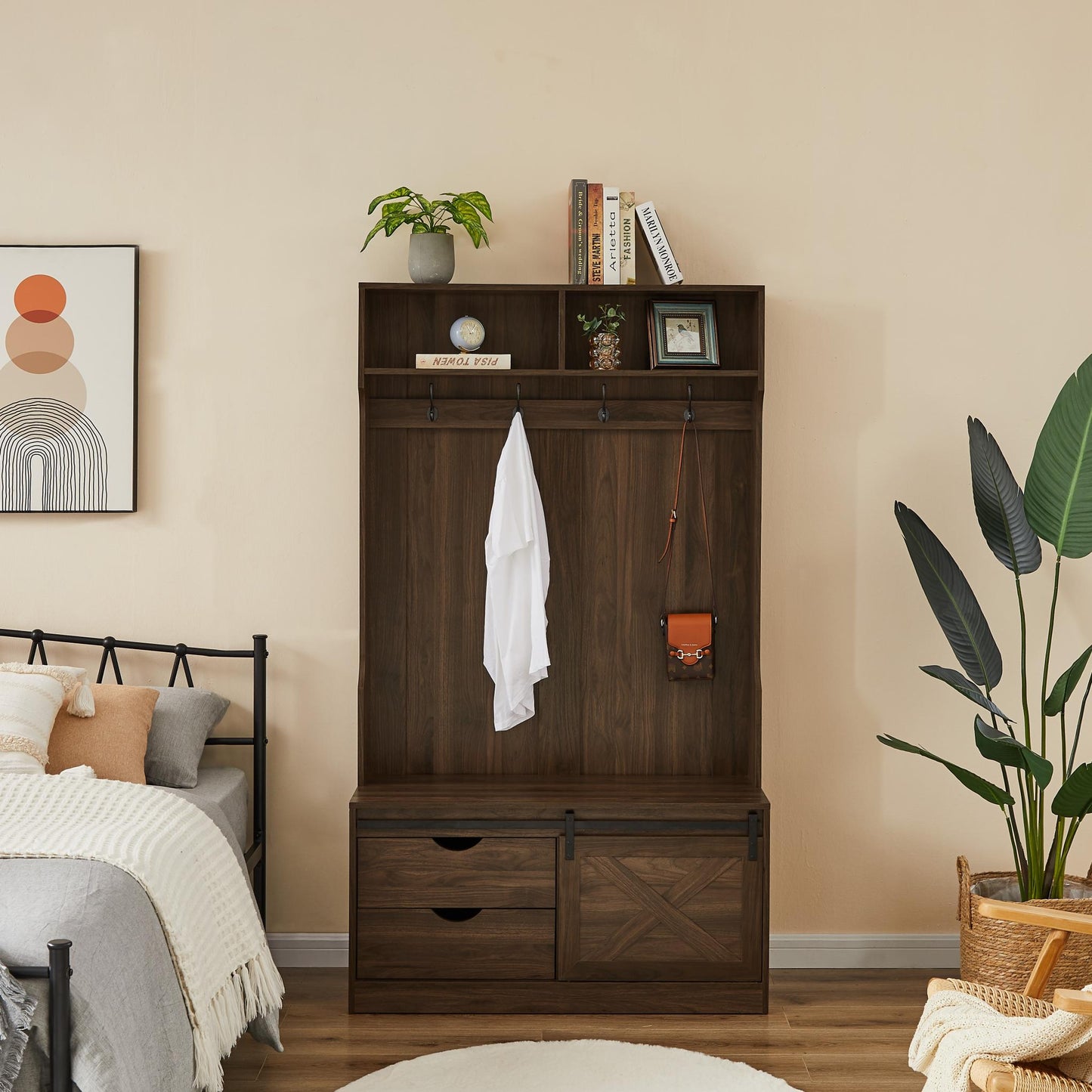 Dark Brown Coat Rack w/ Shoe Cabinet Storage