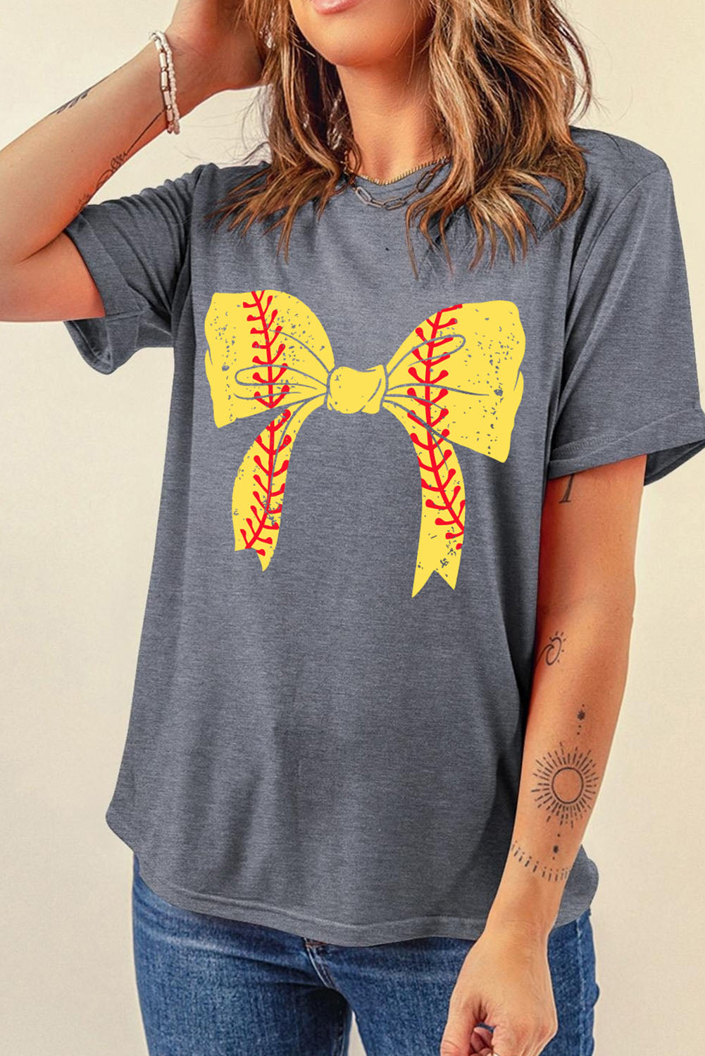 Gray Casual Baseball Bowknot Graphic Roll Up Sleeve Tee - Cowaa