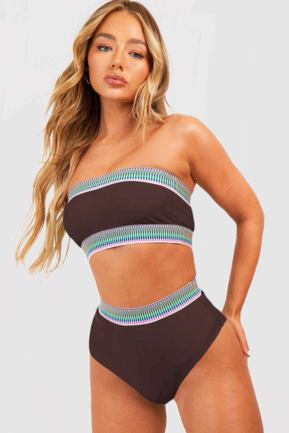 Coffee Contrast Banding Tube Bikini High Waist 2pcs Swimsuit