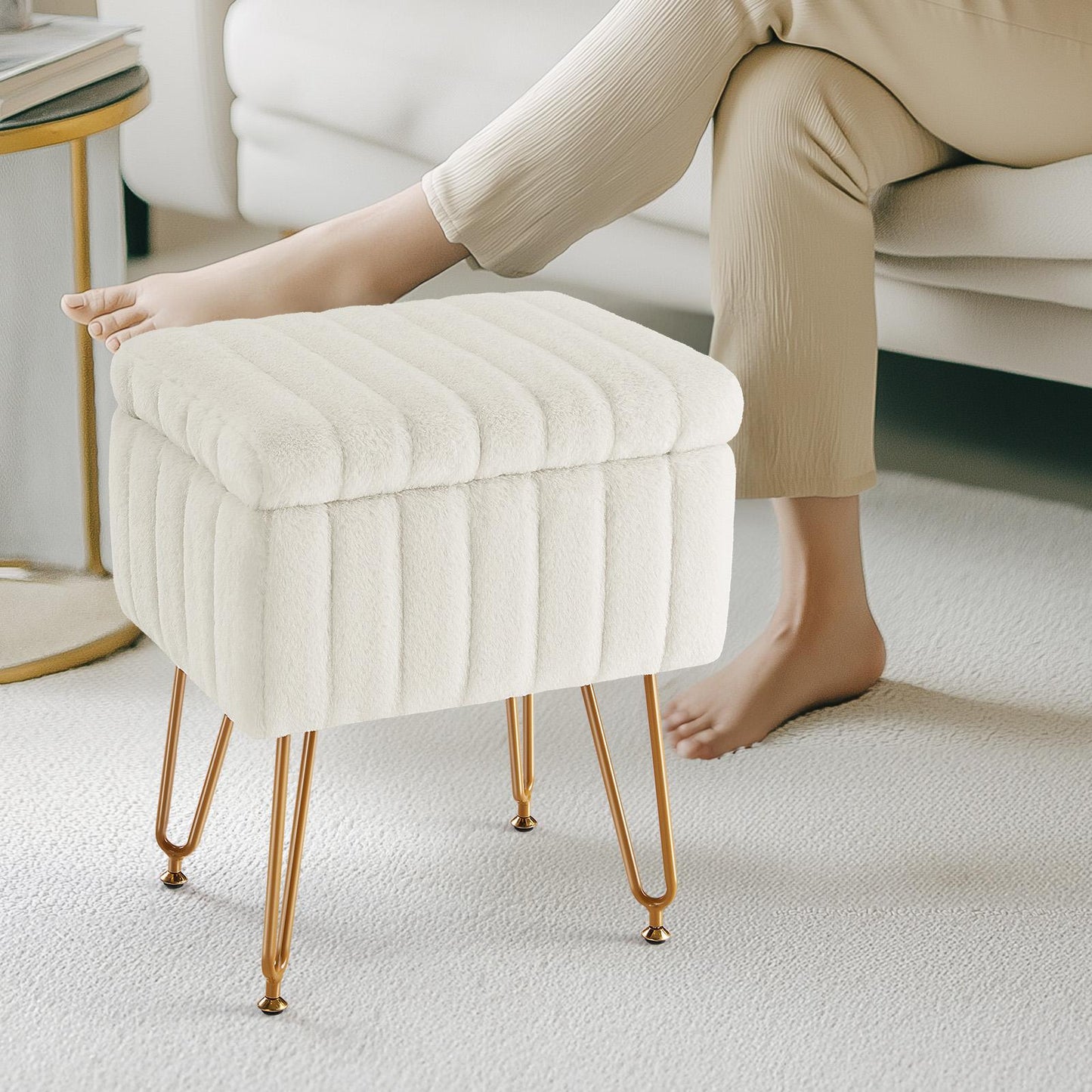 White Faux Fur Vanity Stool Chair w/ Storage