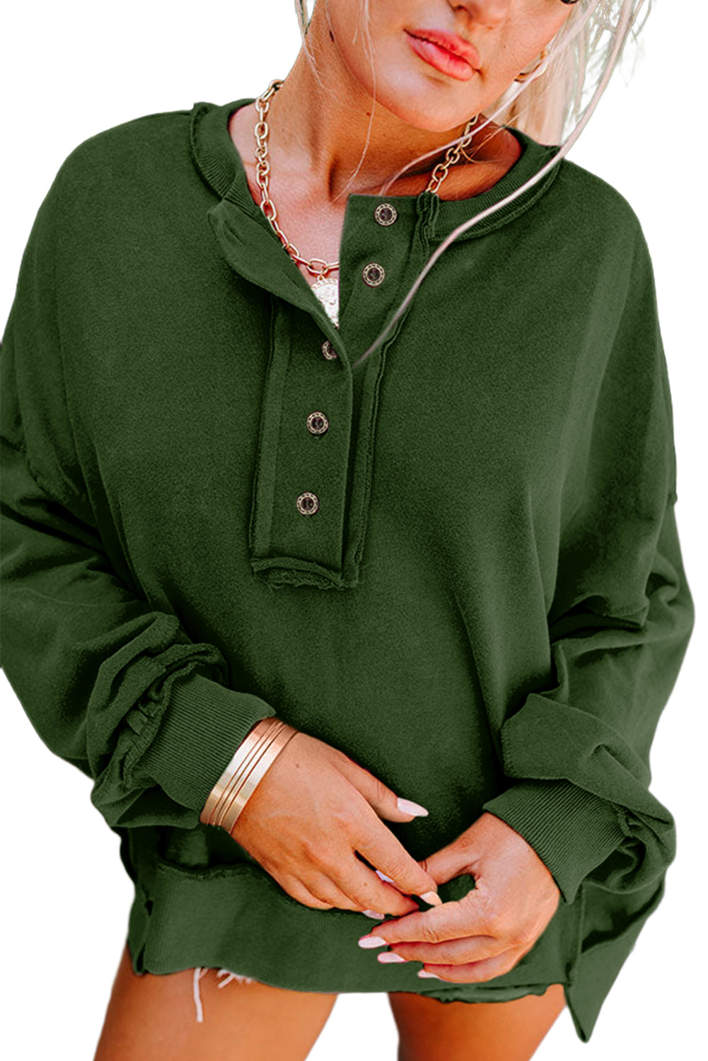 Slouchy Henley-Sweatshirt mit tief angesetzter Schulterpartie in Pink