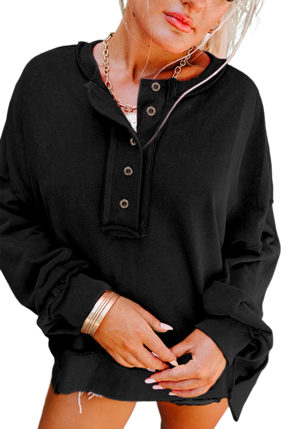 Slouchy Henley-Sweatshirt mit tief angesetzter Schulterpartie in Pink