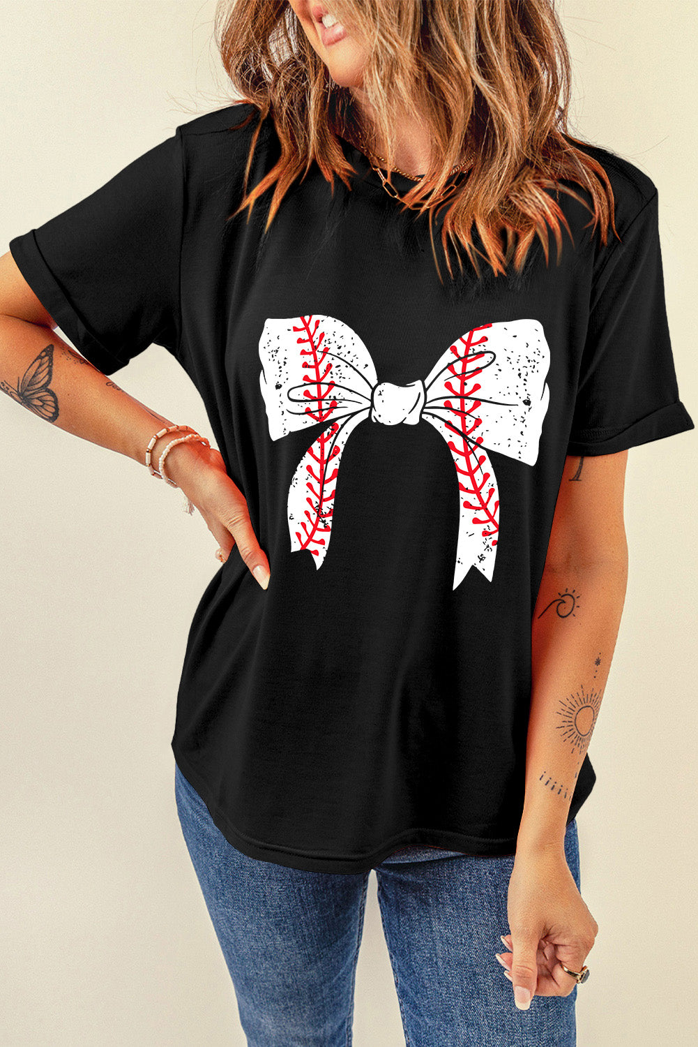 Gray Casual Baseball Bowknot Graphic Roll Up Sleeve Tee - Cowaa