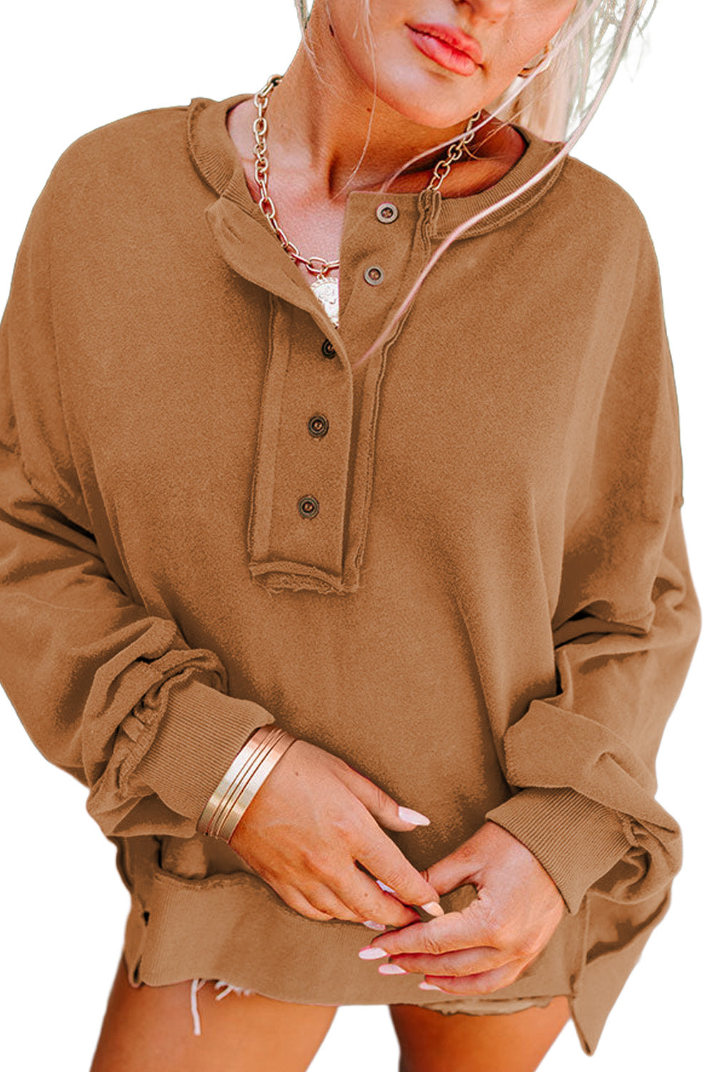 Slouchy Henley-Sweatshirt mit tief angesetzter Schulterpartie in Pink