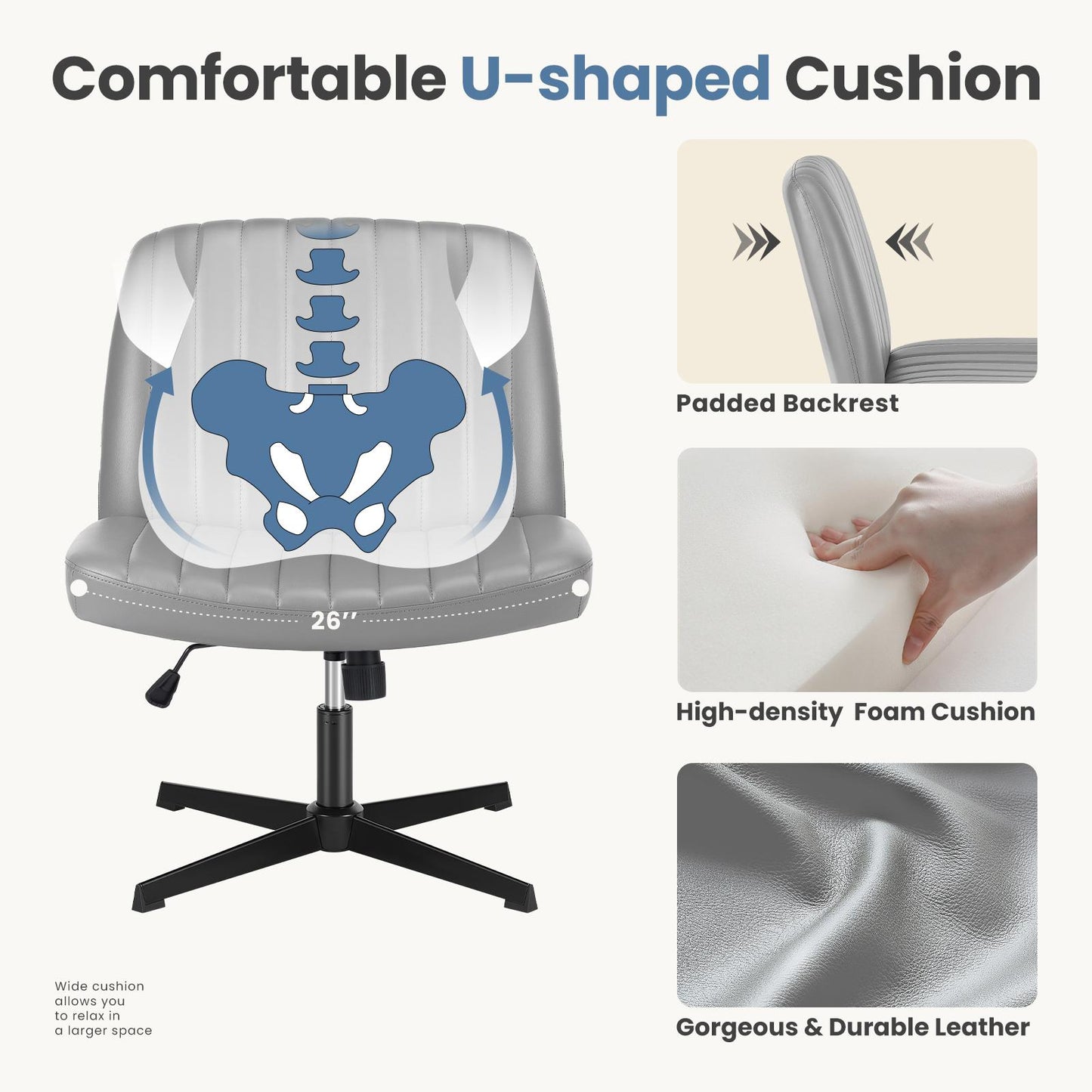 Grey Leather Wide Armless Swivel Home Office Chair