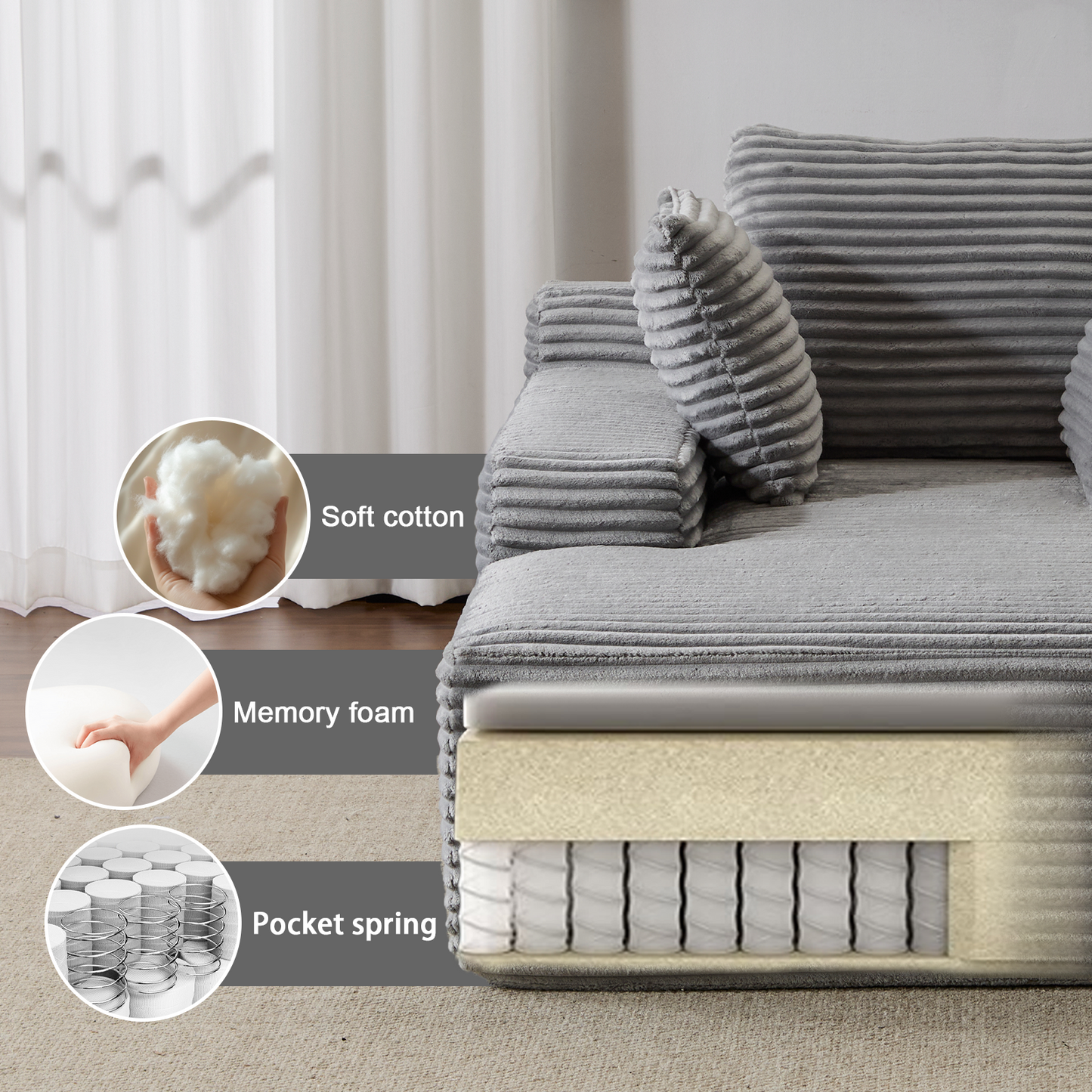 Grey Corduroy Plush Oversized Chaise Lounge Chair