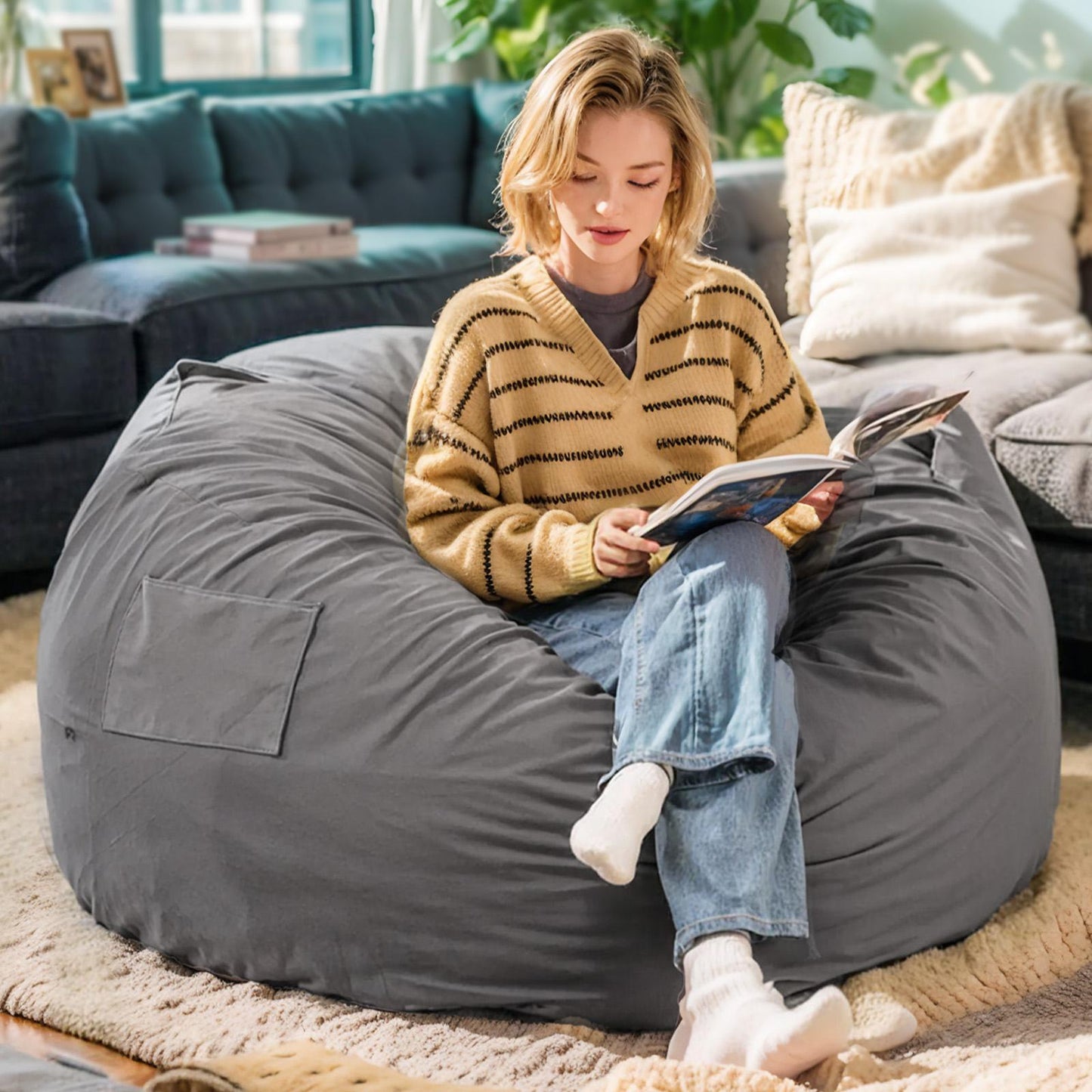 Dark Grey XL Foam Filled Bean Bag Chair w/ Removable Cover