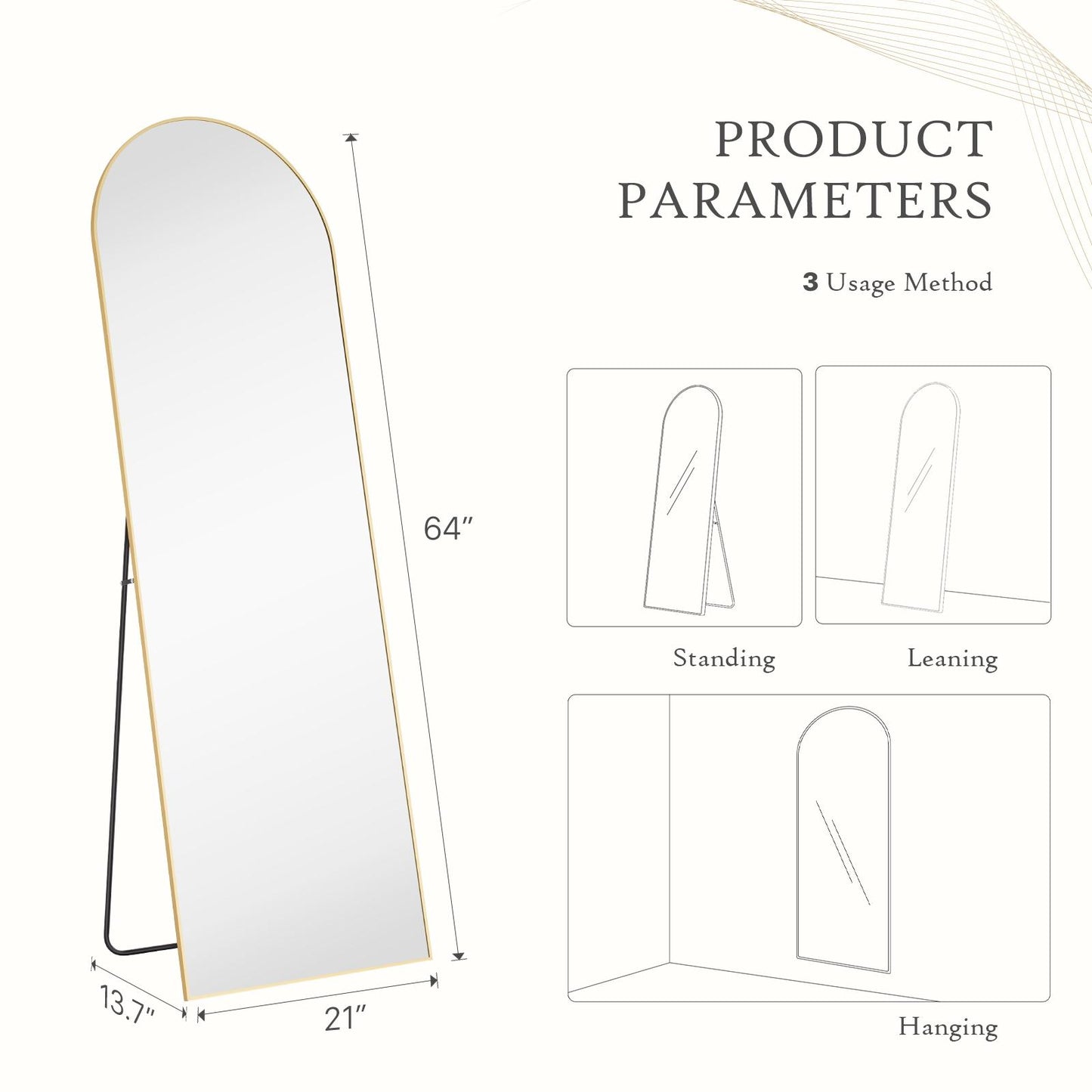 Gold Arched Full Length Floor Mirror 21"x64"