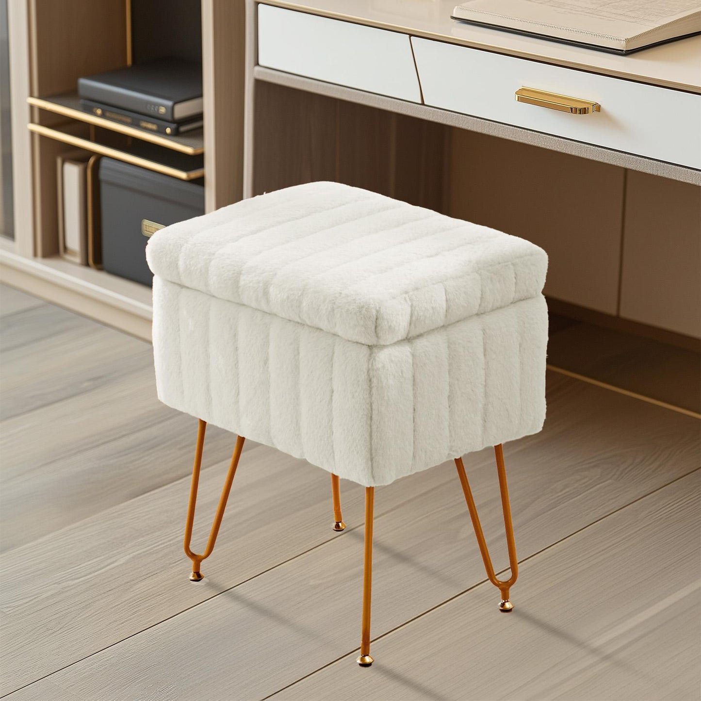White Faux Fur Vanity Stool Chair w/ Storage