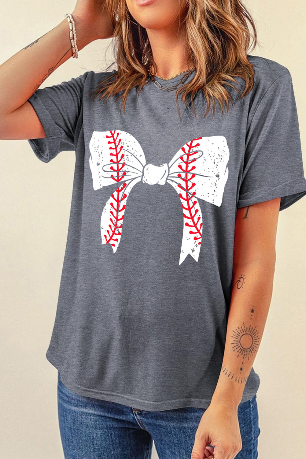 Gray Casual Baseball Bowknot Graphic Roll Up Sleeve Tee - Cowaa