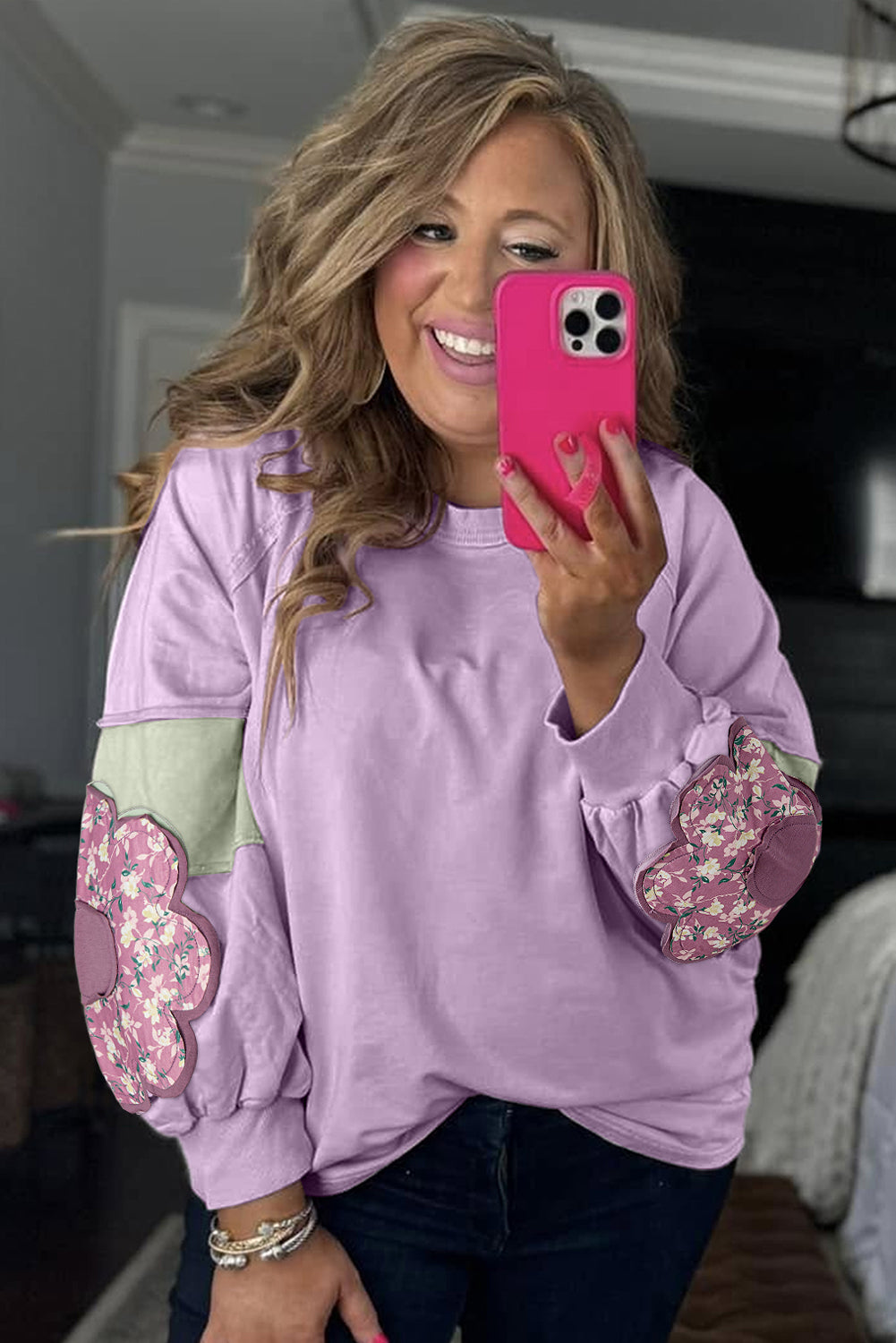 Phalaenopsis Flower Patched Colorblock Plus Size Pullover Top
