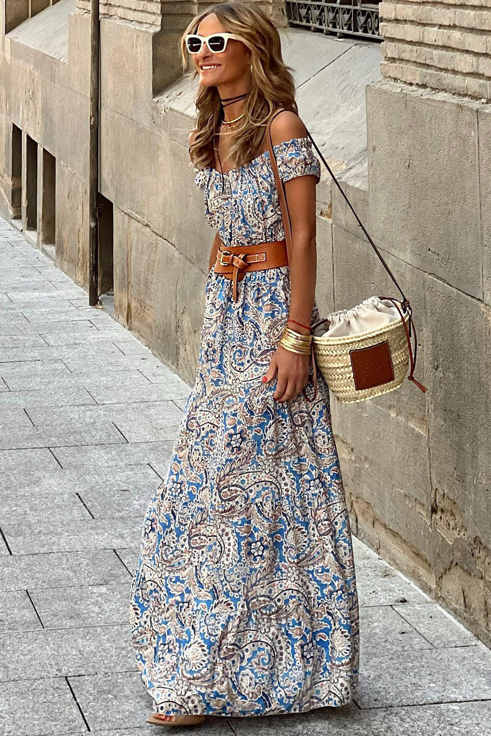 Blue Boho Paisley Print Off Shoulder Maxi Dress - Cowaa