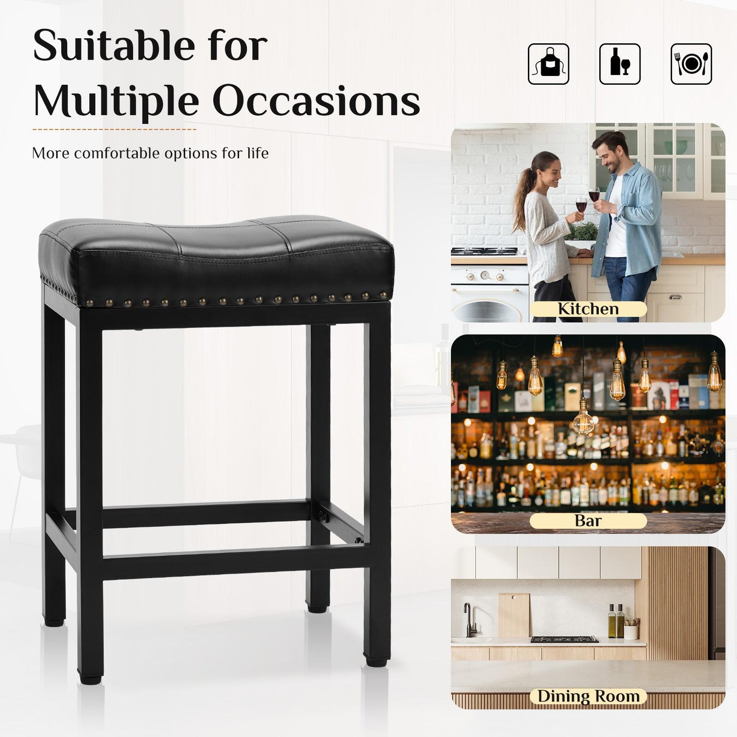 Set of 2 Black Saddle Bar Stool Kitchen Stools