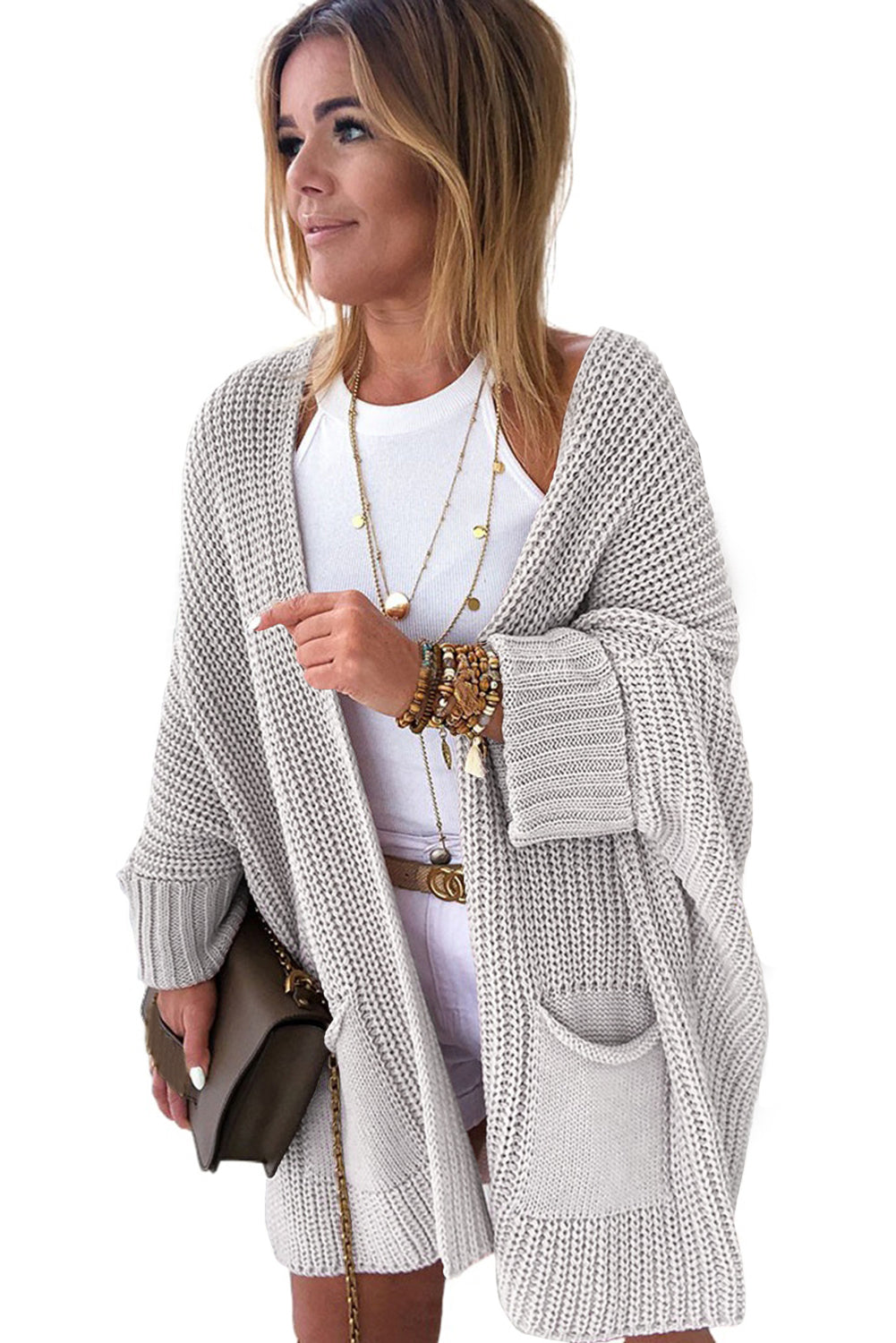 Gray Batwing Sleeve Pocket Oversized Cable Knit Cardigan - Cowaa