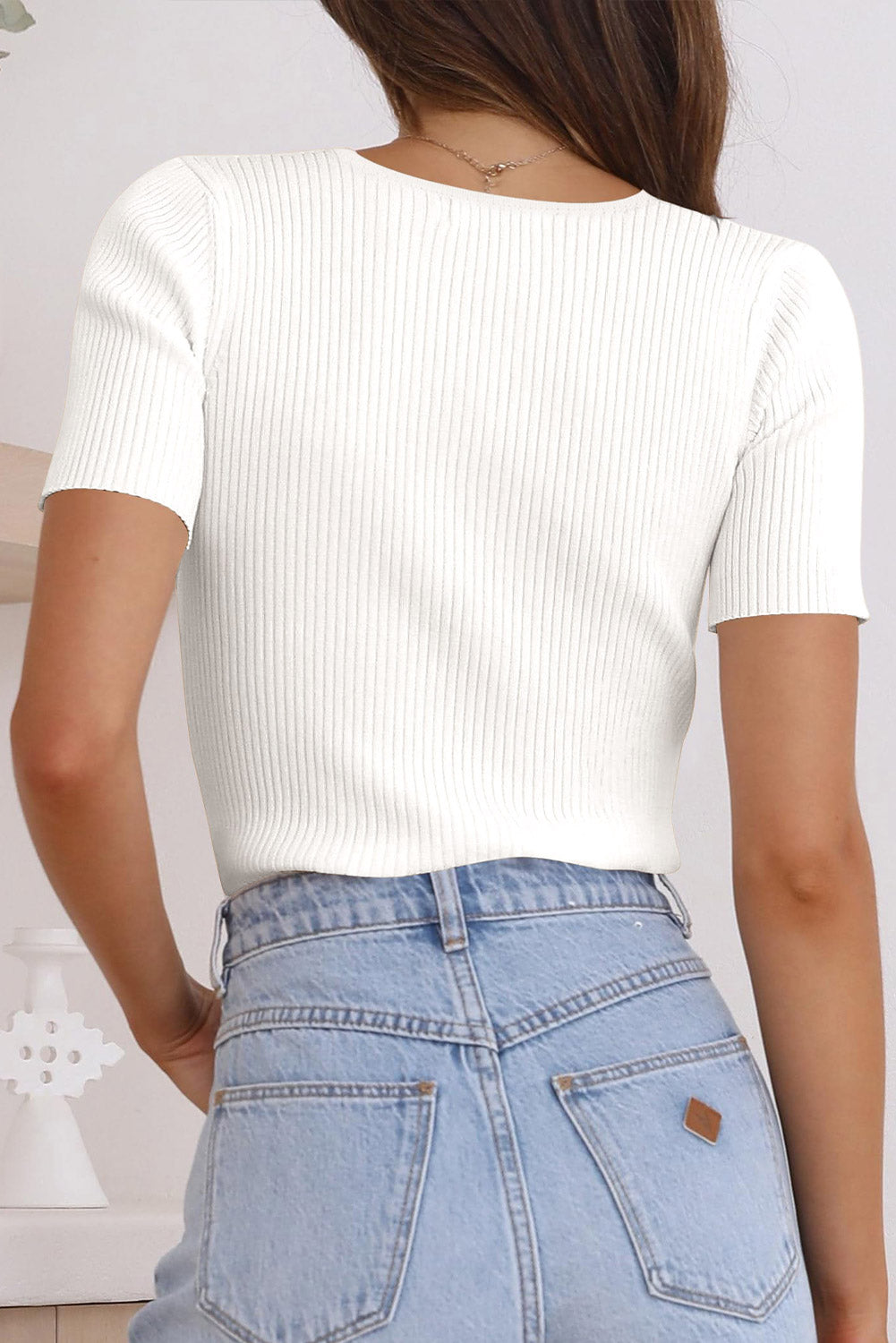 White V Neck Ribbed Knit Lightweight Short Sleeve Top