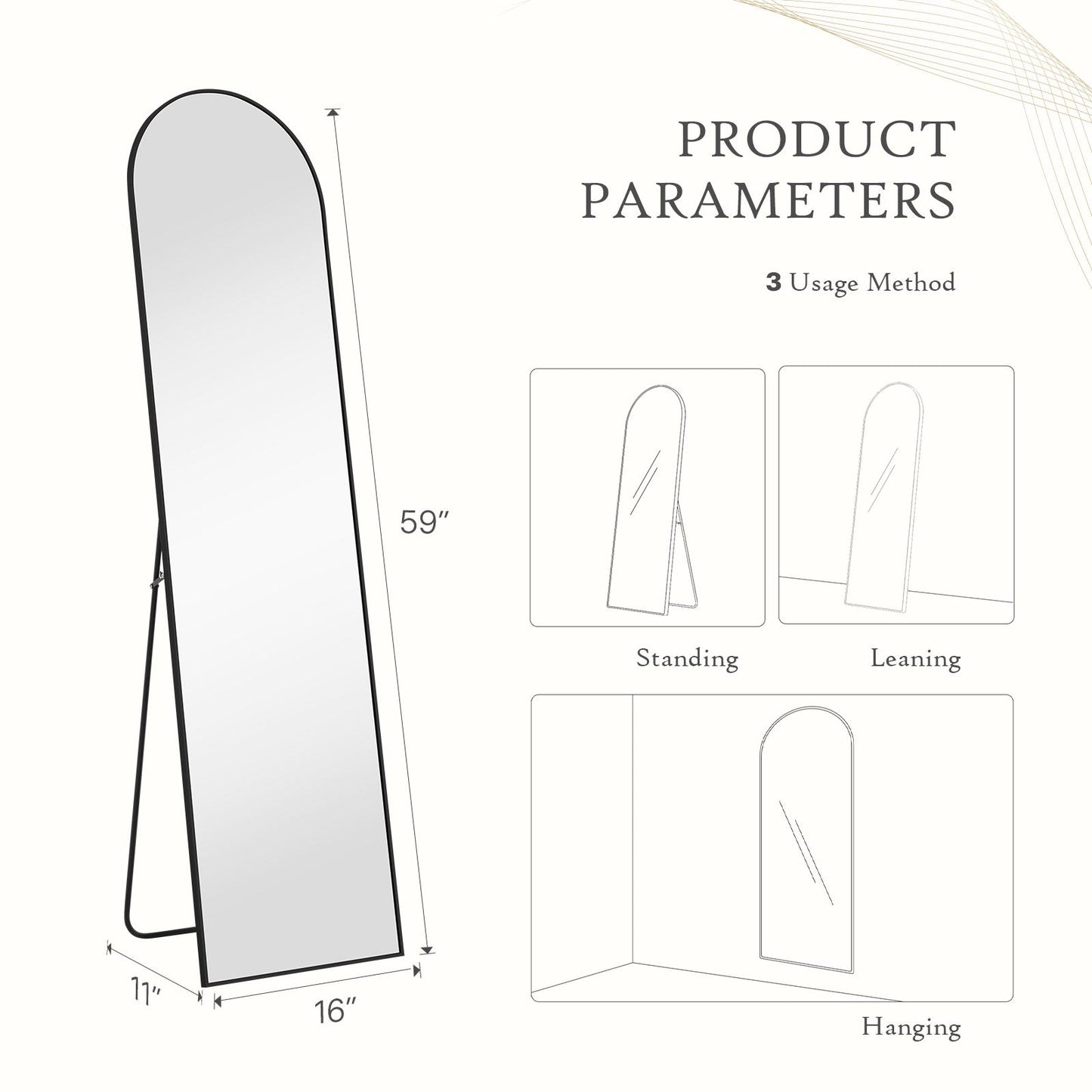 Black Arched Full Length Floor Mirror 16"x59"