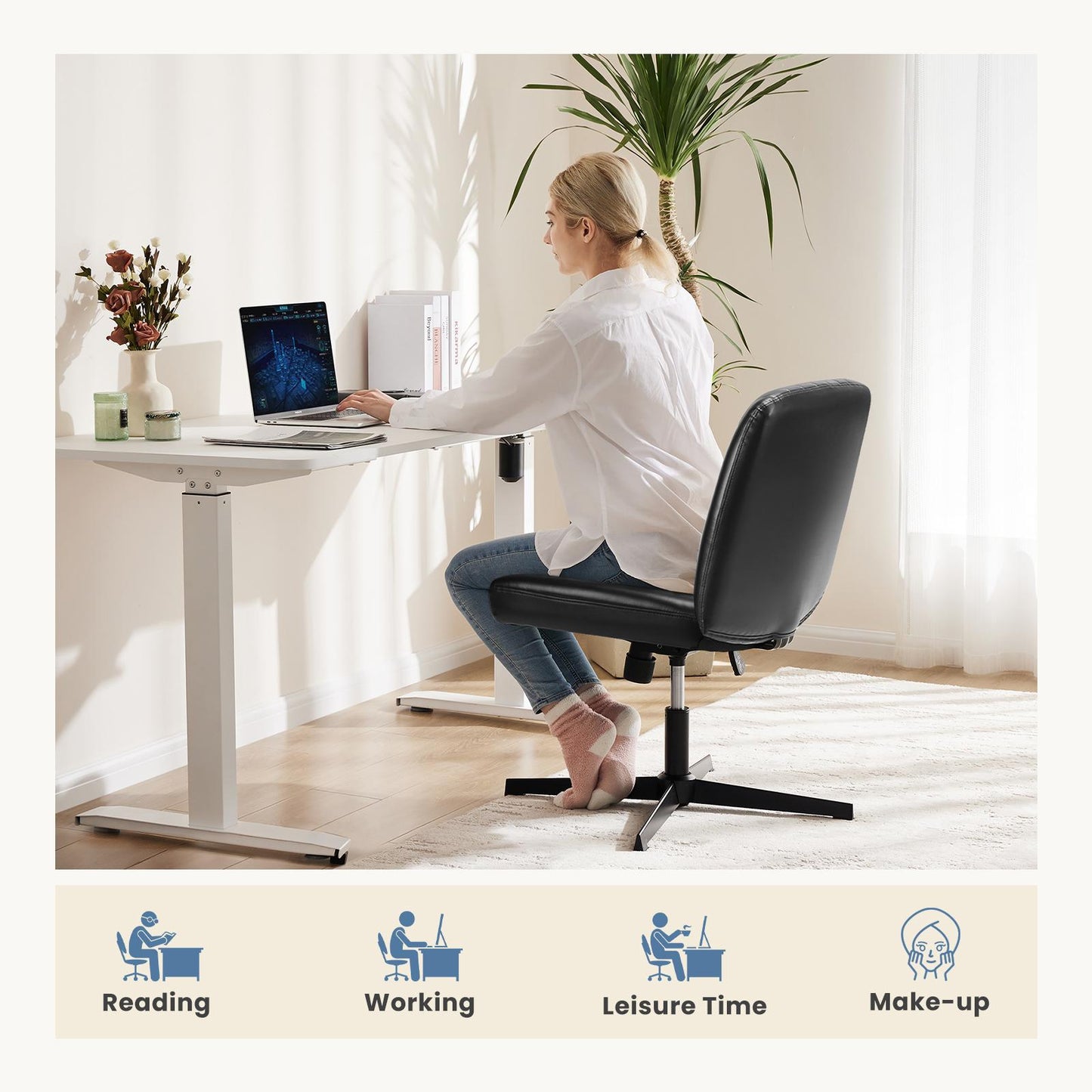 Black Leather Wide Armless Swivel Home Office Chair