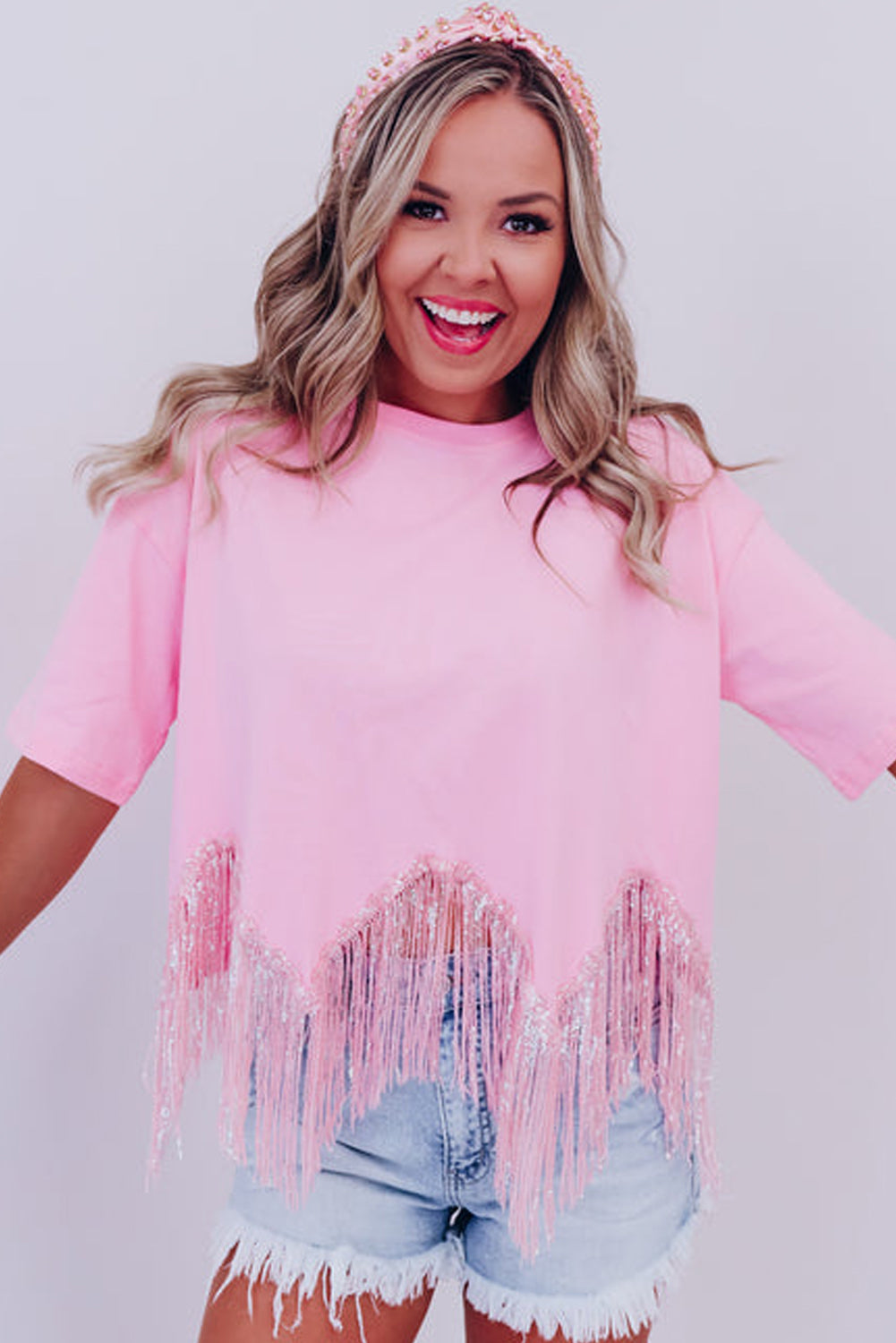 Pink Fringe Sequin Hem Cropped T-shirt - Cowaa