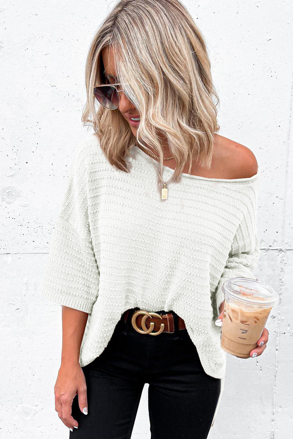 Beige Textured Knit Drop Shoulder Short Sleeve Top