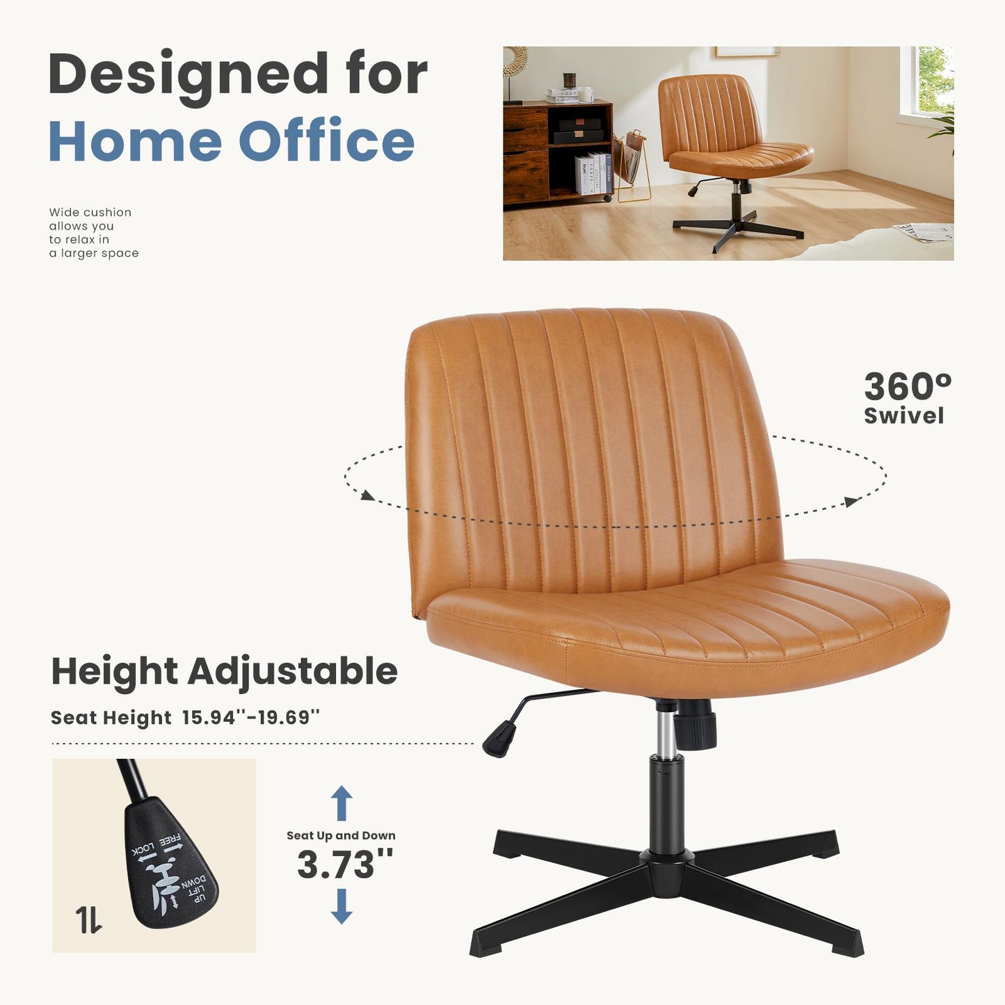 Brown Leather Wide Armless Swivel Home Office Chair