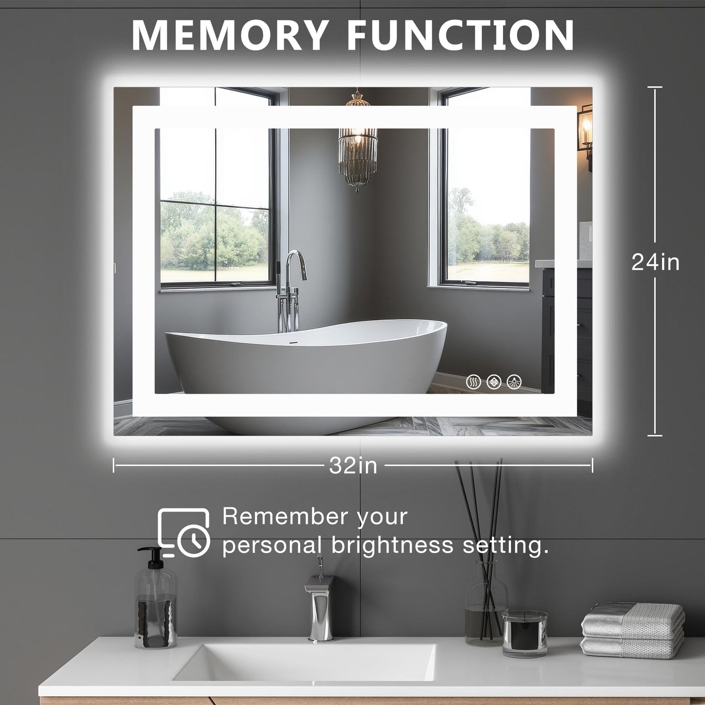 24"x32" Anti-fog LED Bathroom Mirror w/ Dual Light Source & Three Lighting Modes