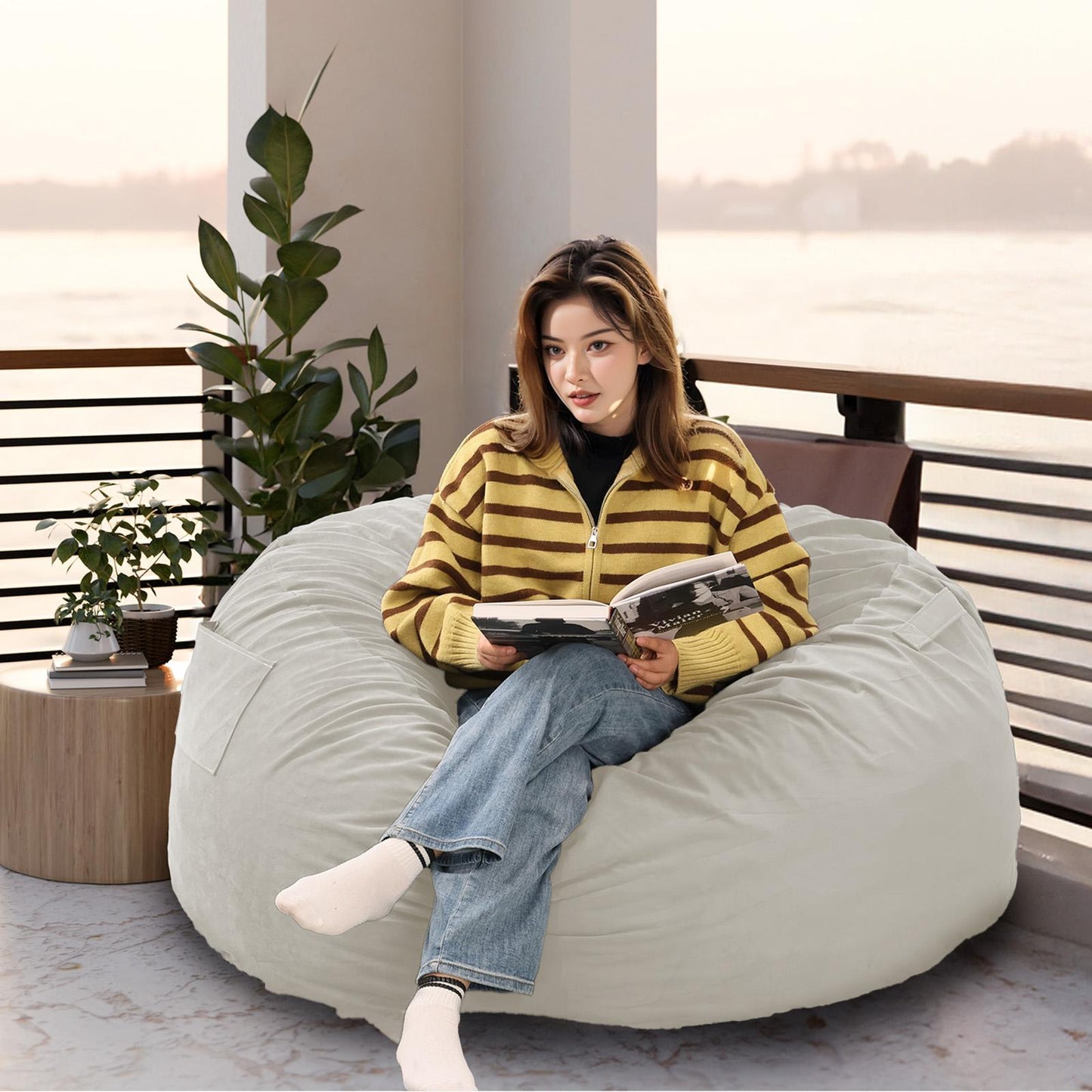 Grey Large Foam Filled Bean Bag Chair w/ Removable Cover