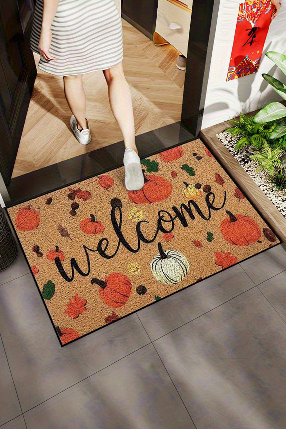 Thai Curry Welcome Fall Pumpkin Maple Leaf Pattern Entrance Doormat