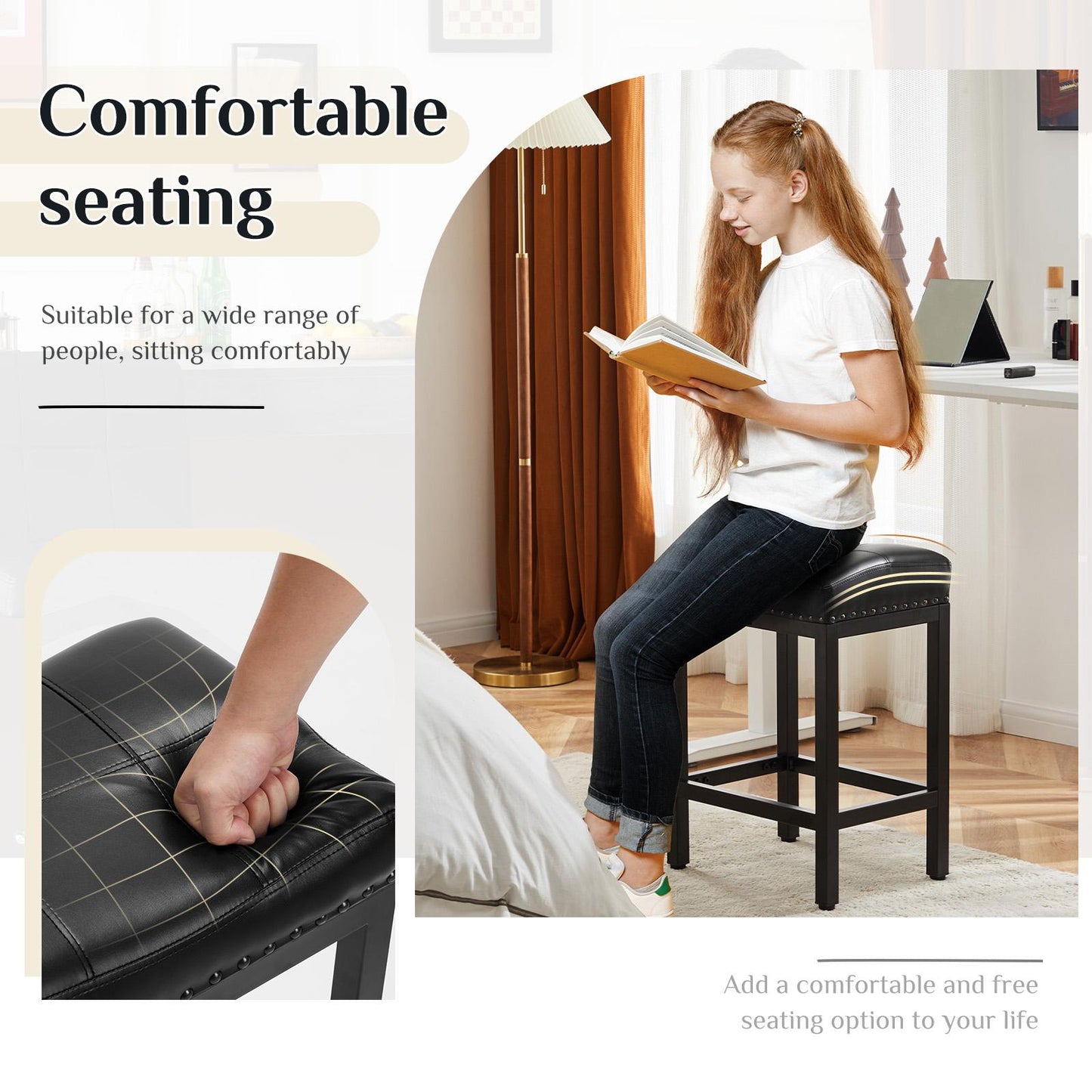 Set of 2 Black Saddle Bar Stool Kitchen Stools