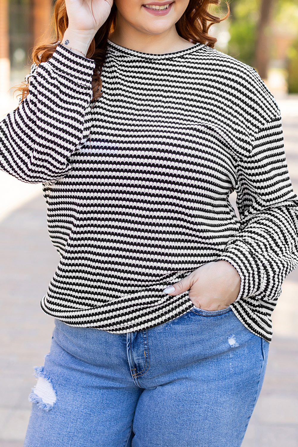 Black Stripe Drop Shoulder Puff Long Sleeve O Neck Plus Size T Shirt